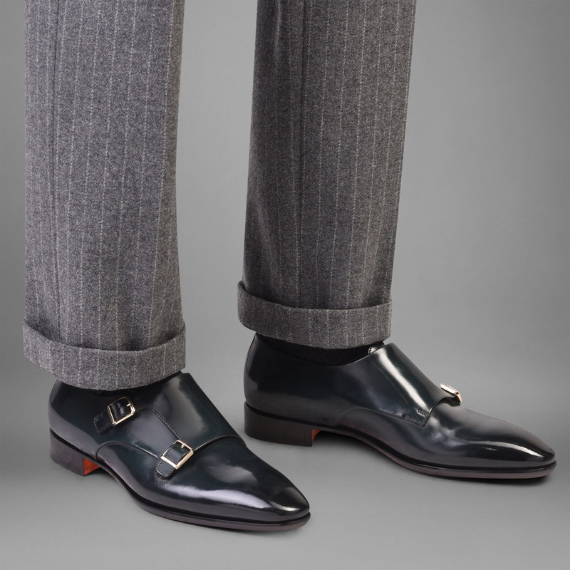 Santoni Men's green leather double buckle shoe outlook