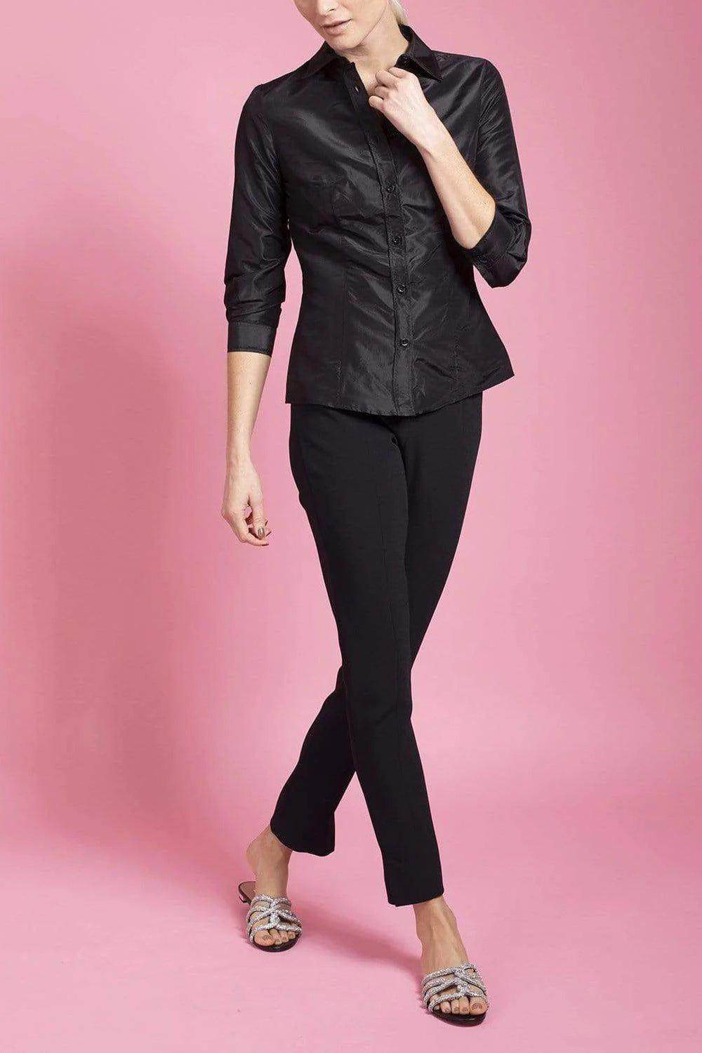 Silk Taffeta Collared Shirt - Black - 2