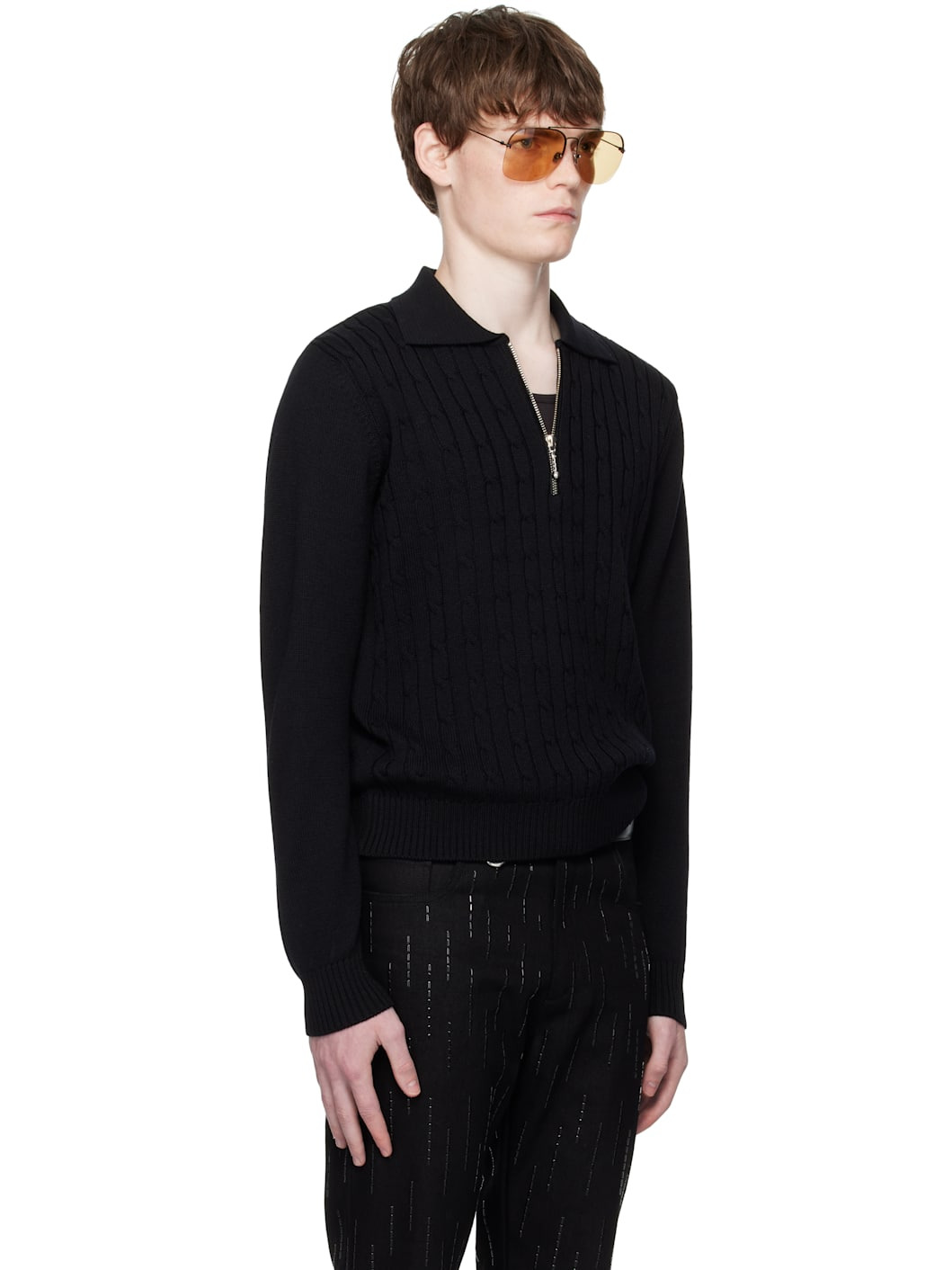 Black Cable Knit Zip Polo - 2