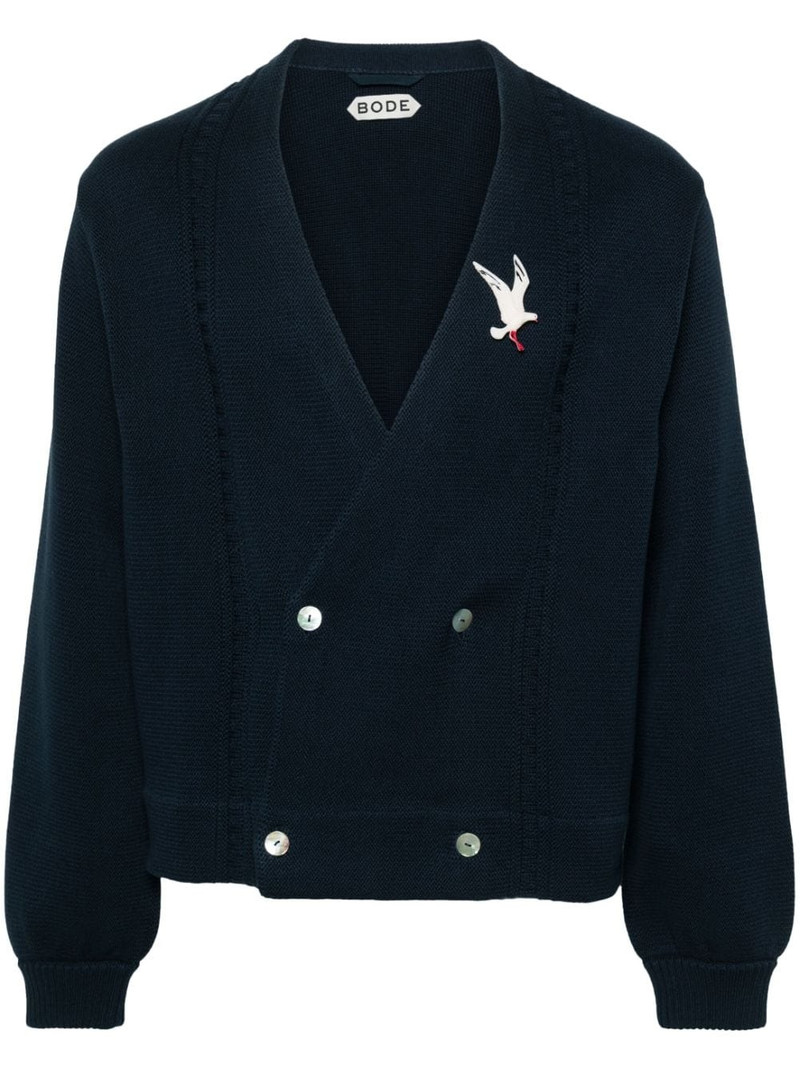 brooche-embellished double-breasted cardigan 1