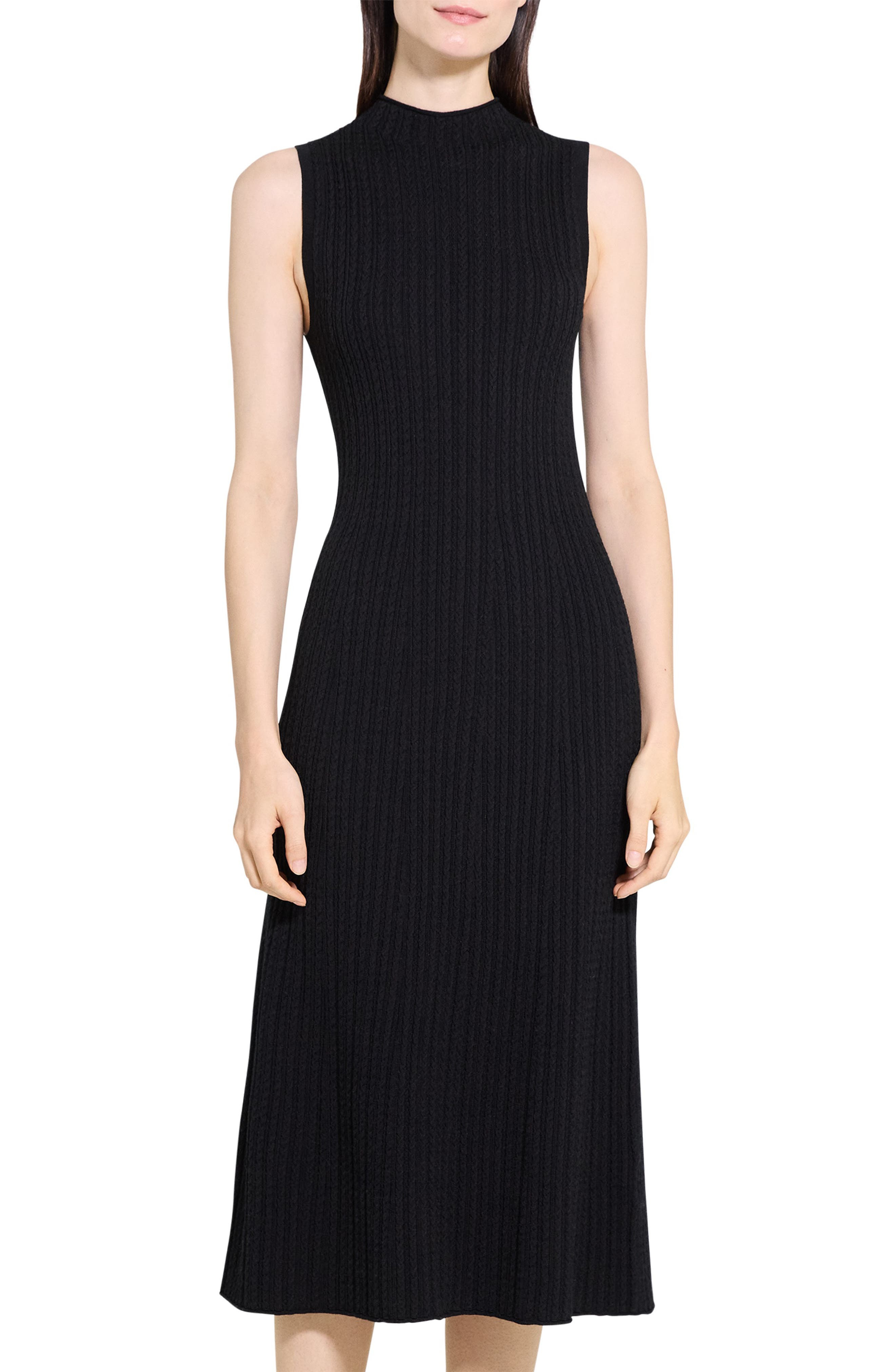 Theory Cable Stitch Sleeveless Wool Blend Sweater Midi Dress in Black at Nordstrom - 7