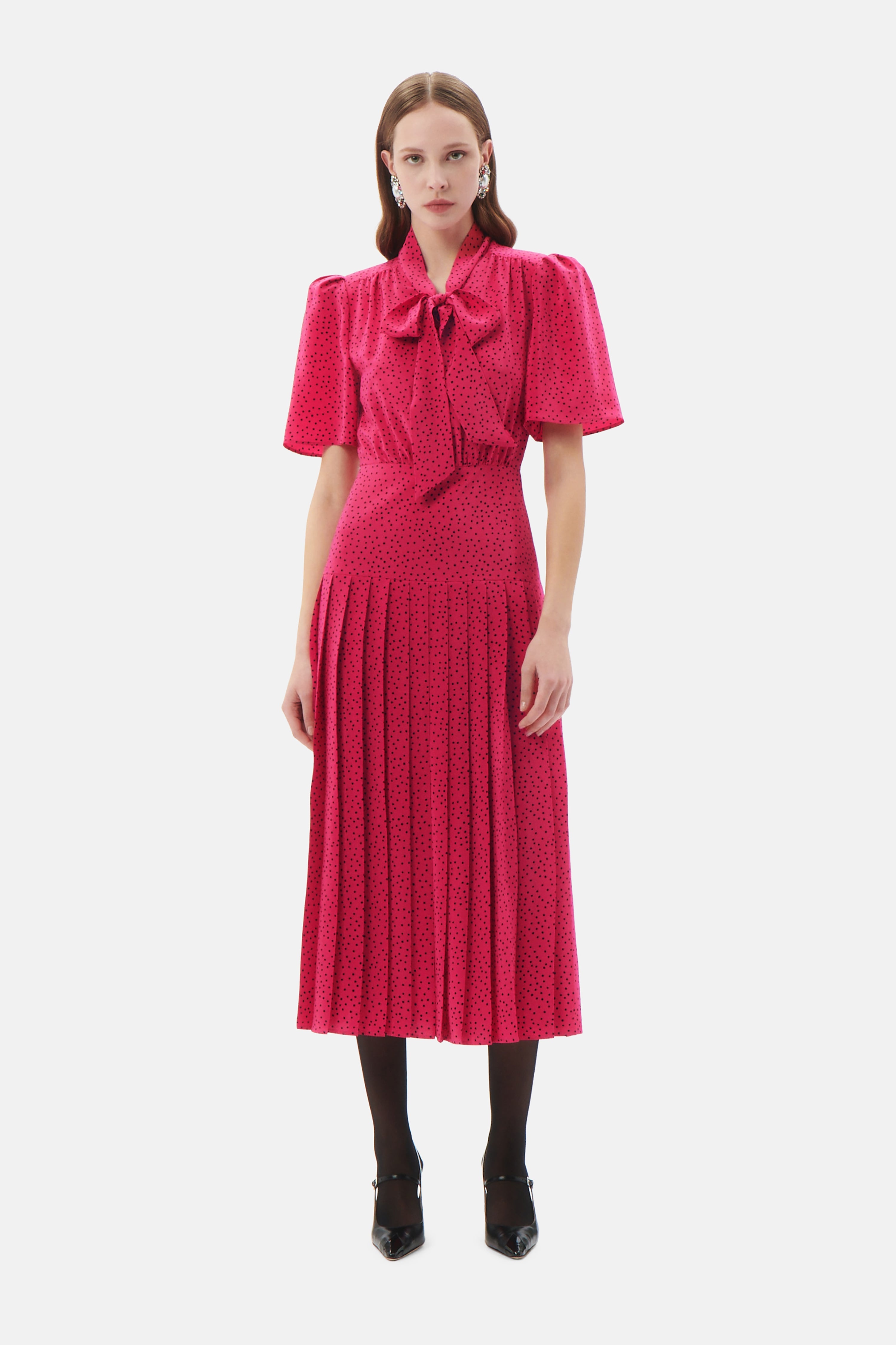 POLKA DOT SILK PLEATED DRESS WITH BOW - 4