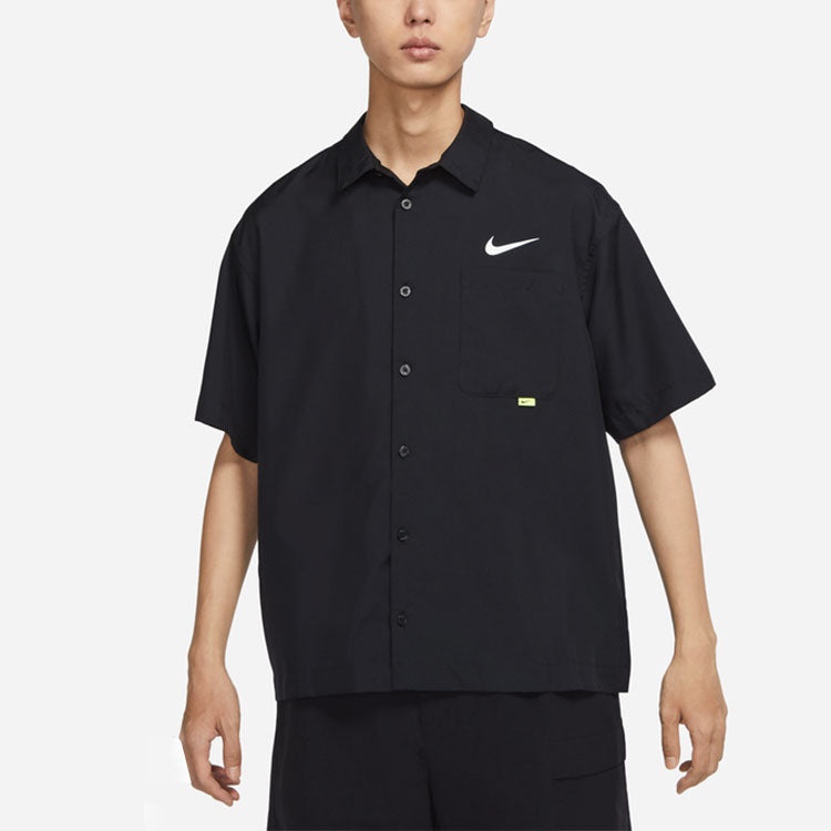 Men's Nike SWOOSH Chest Brand Logo Limited Lapel Solid Color Short Sleeve Black Shirt DX6308-010 - 5