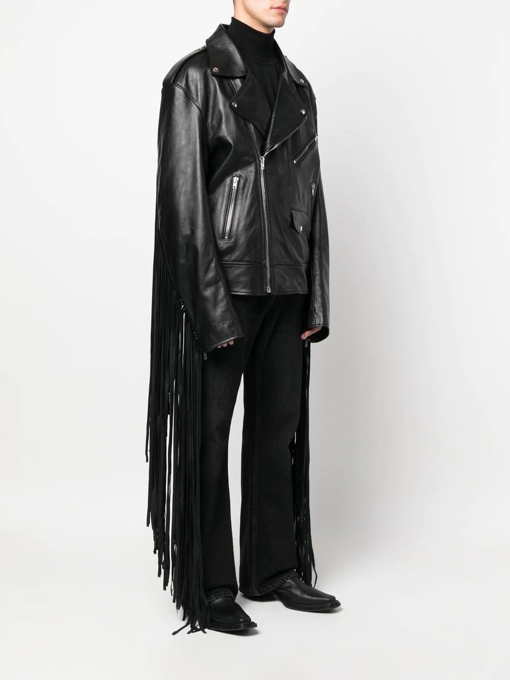 fringe-detail leather biker jacket - 4