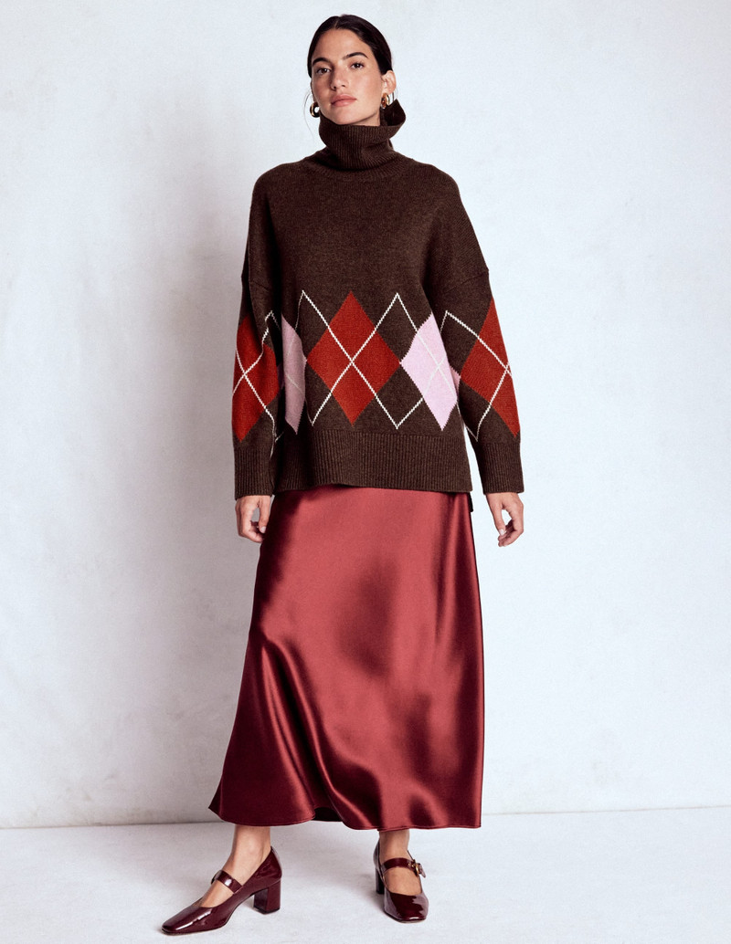 Polly Merino Roll Neck Sweater-Brown, Pink Argyle 1