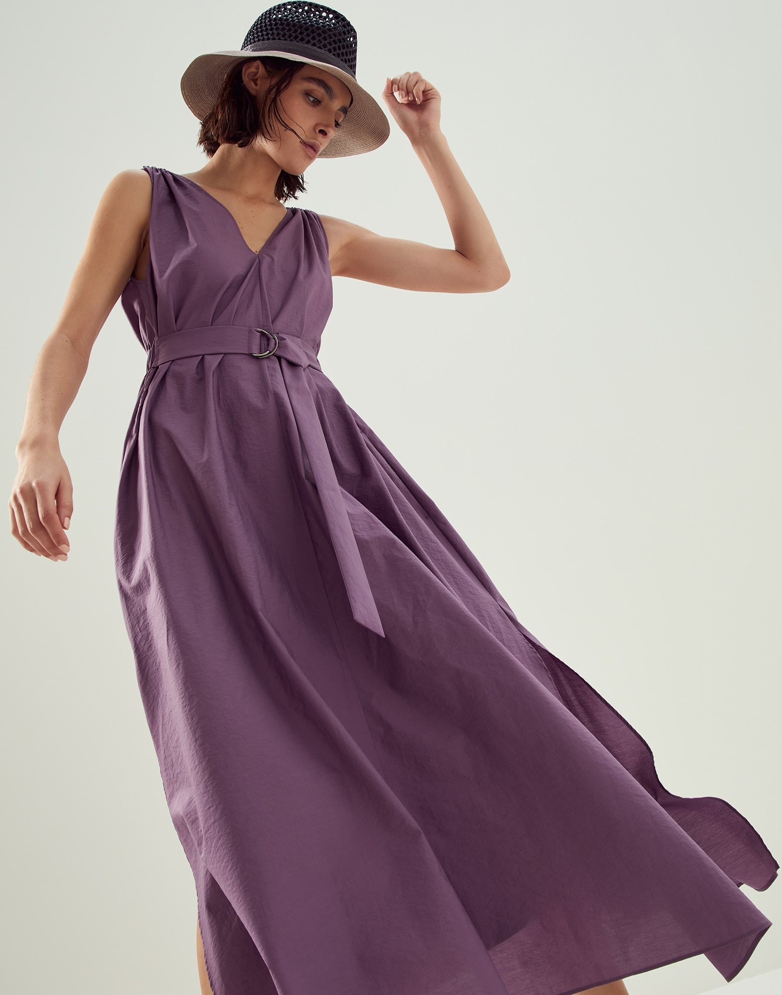 Techno cotton poplin belted dress with precious shoulder detail - 4