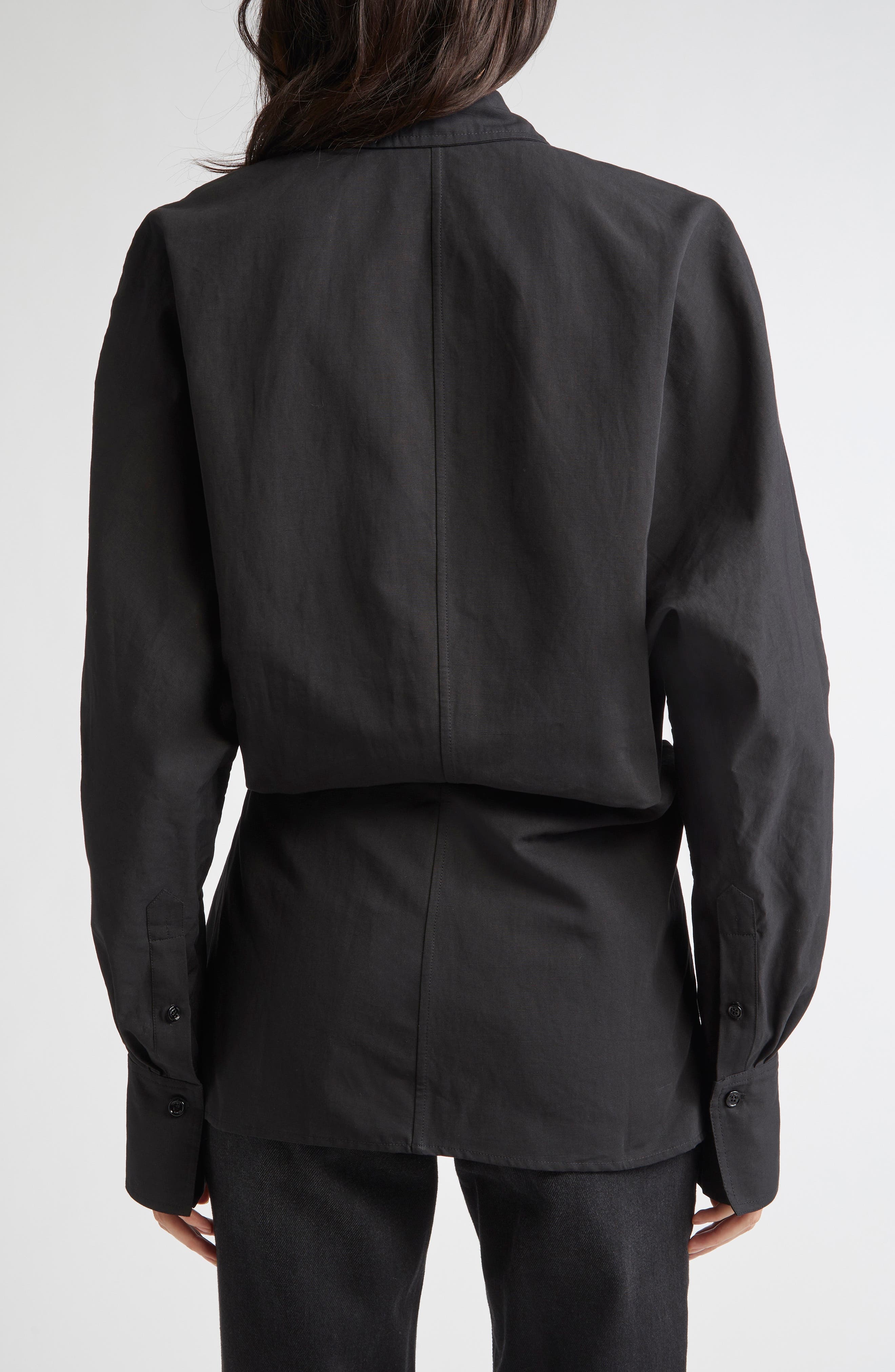 TOTEME Long Sleeve Organic Cotton & Linen Wrap Top in Black at Nordstrom - 3