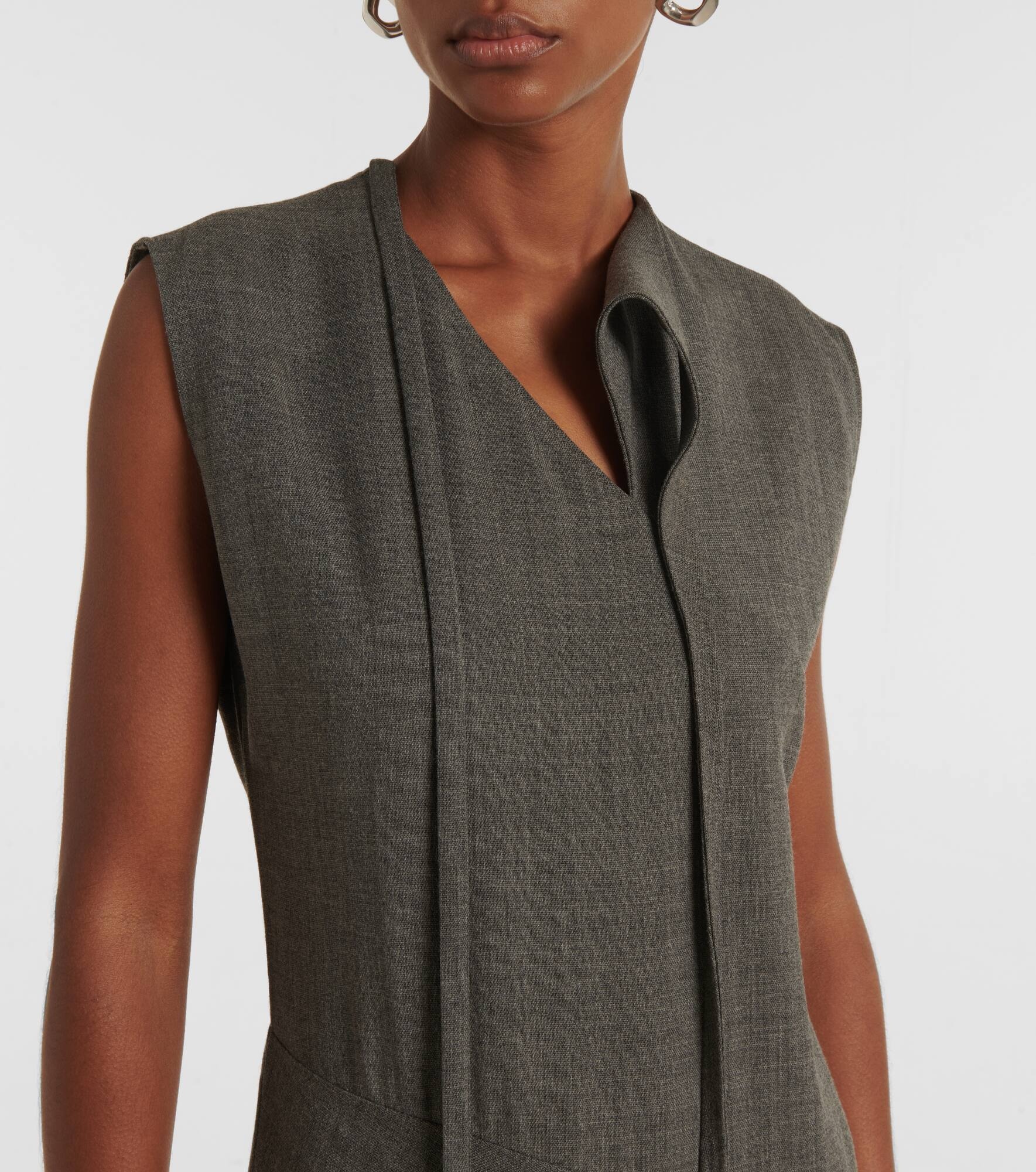 Tie-neck virgin wool canvas midi dress - 4