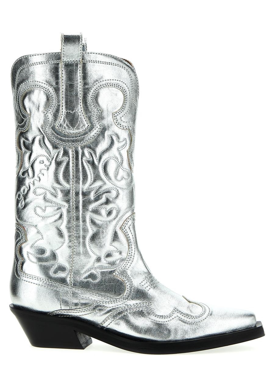 GANNI 'SILVER MID SHAFT EMBROIDERED WESTERN' BOOTS - 1