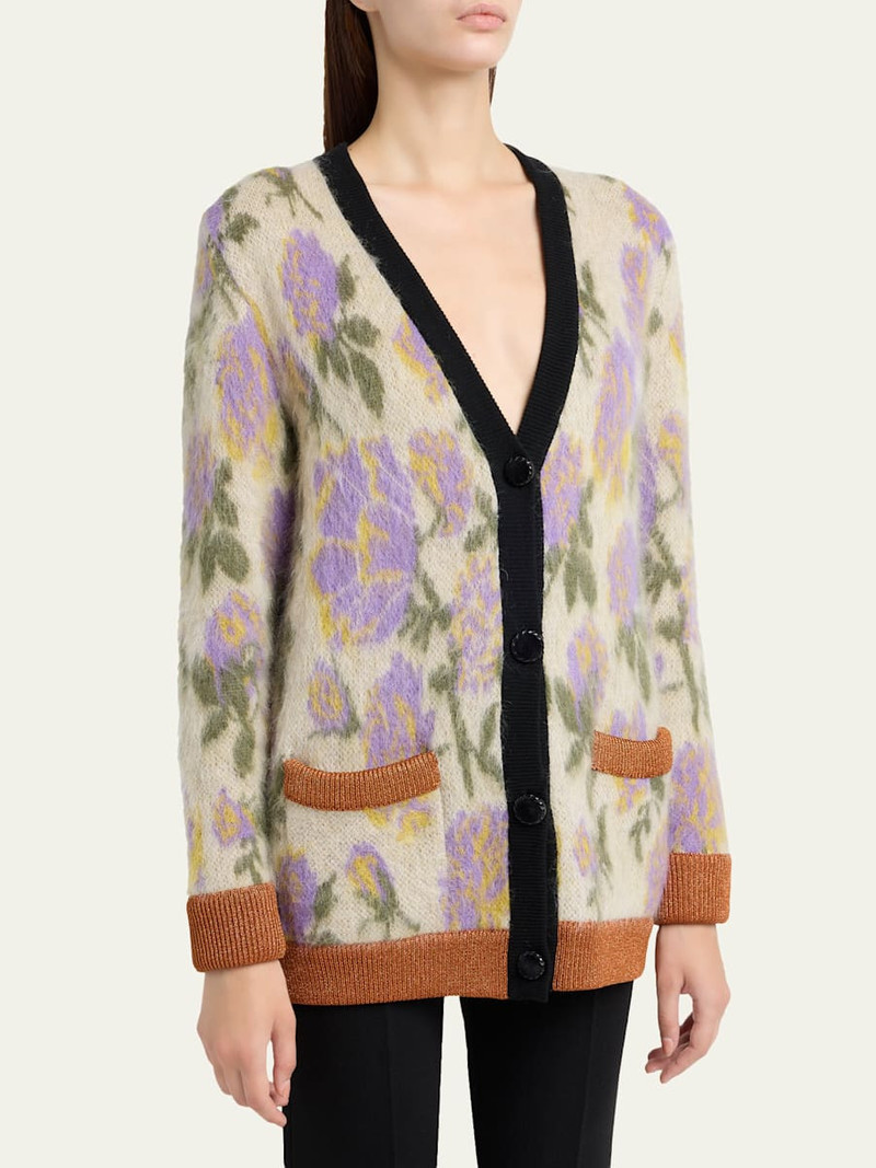 Floral-Print Mohair V-Neck Cardigan 4