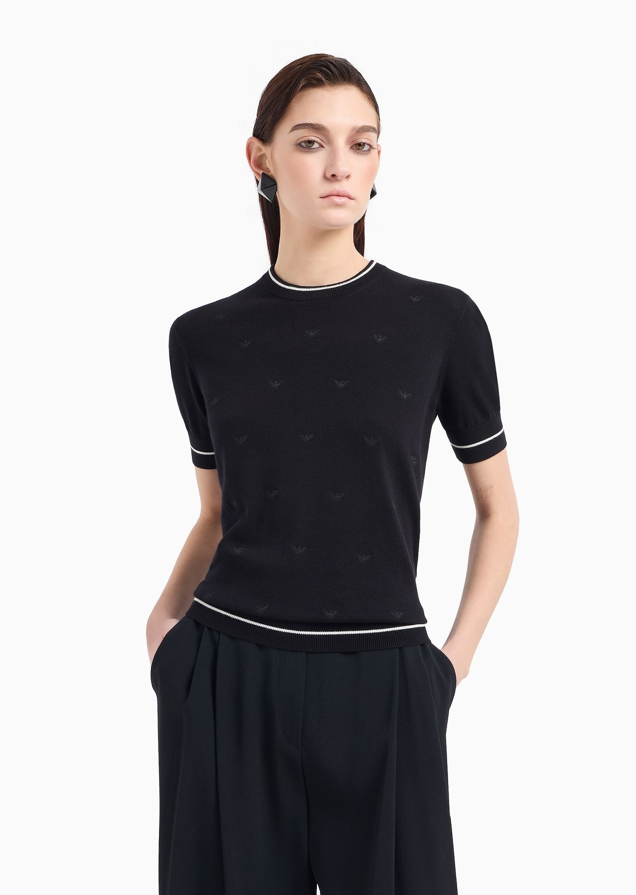 Short-sleeved jumper with all-over micro-eagle embroidery - 3