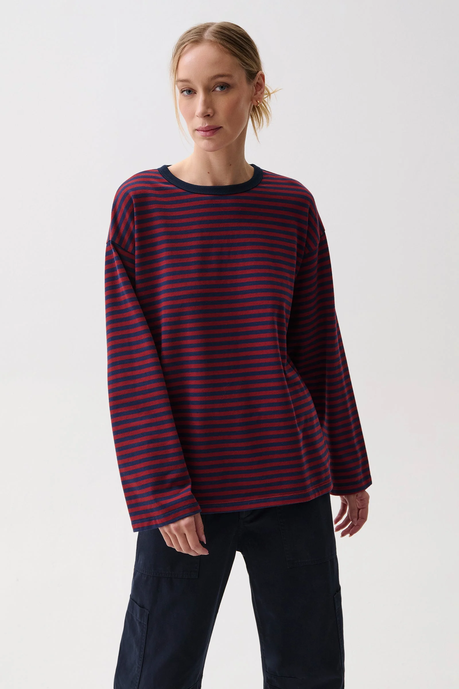 REENA OVERSIZED LONG SLEEVE TEE - VELVET NAVY STRIPE - 1