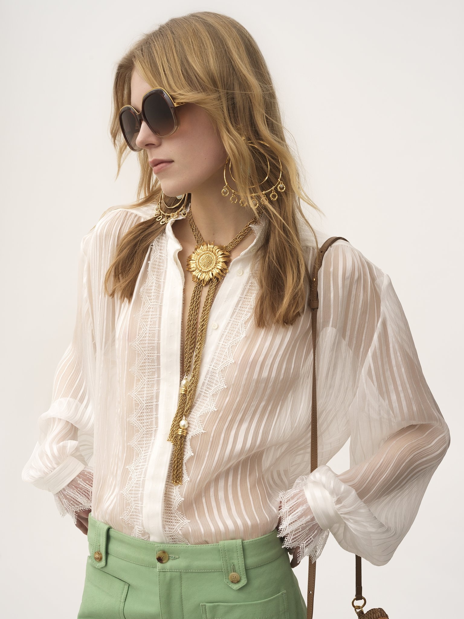 GATHERED BLOUSE IN SILK MOUSSELINE & LACE - 4
