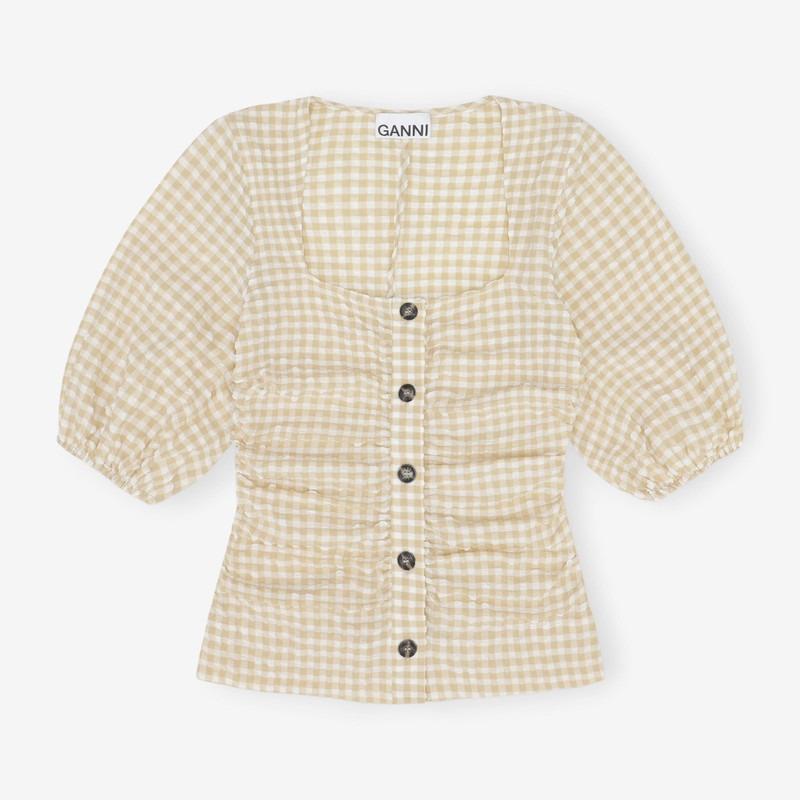 Stretch Seersucker Gathered Blouse - 1