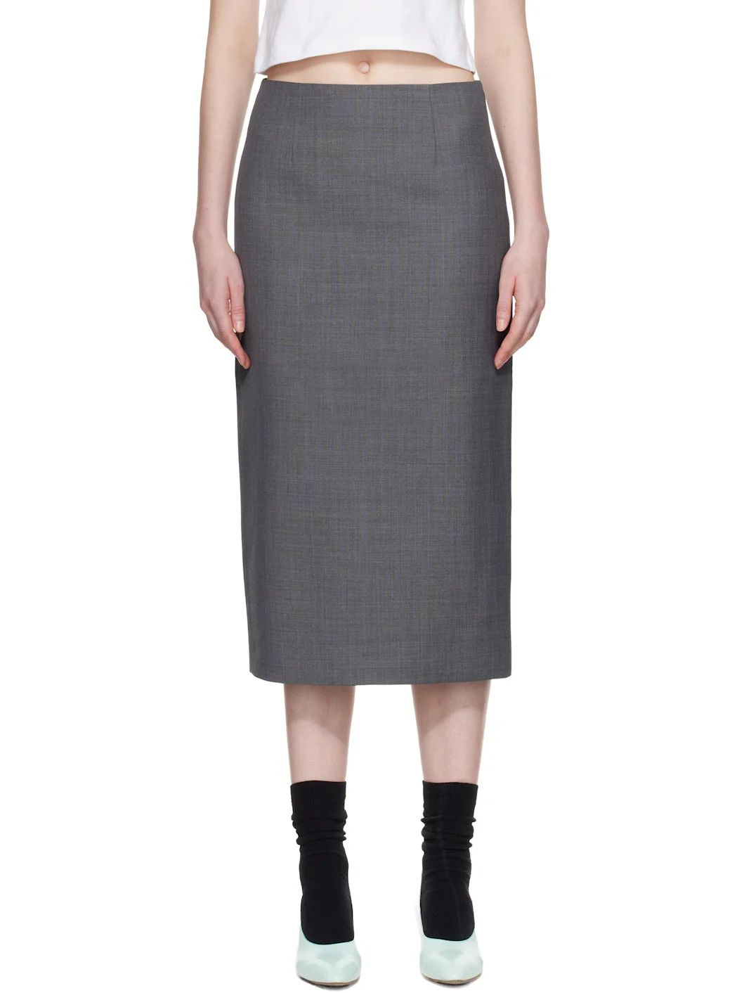 Gray Straight Fitted Midi Skirt - 1