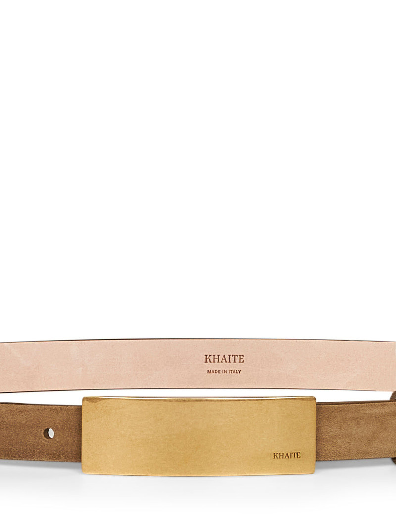 KHAITE Mud suede Berlin belt with antique gold buckle outlook
