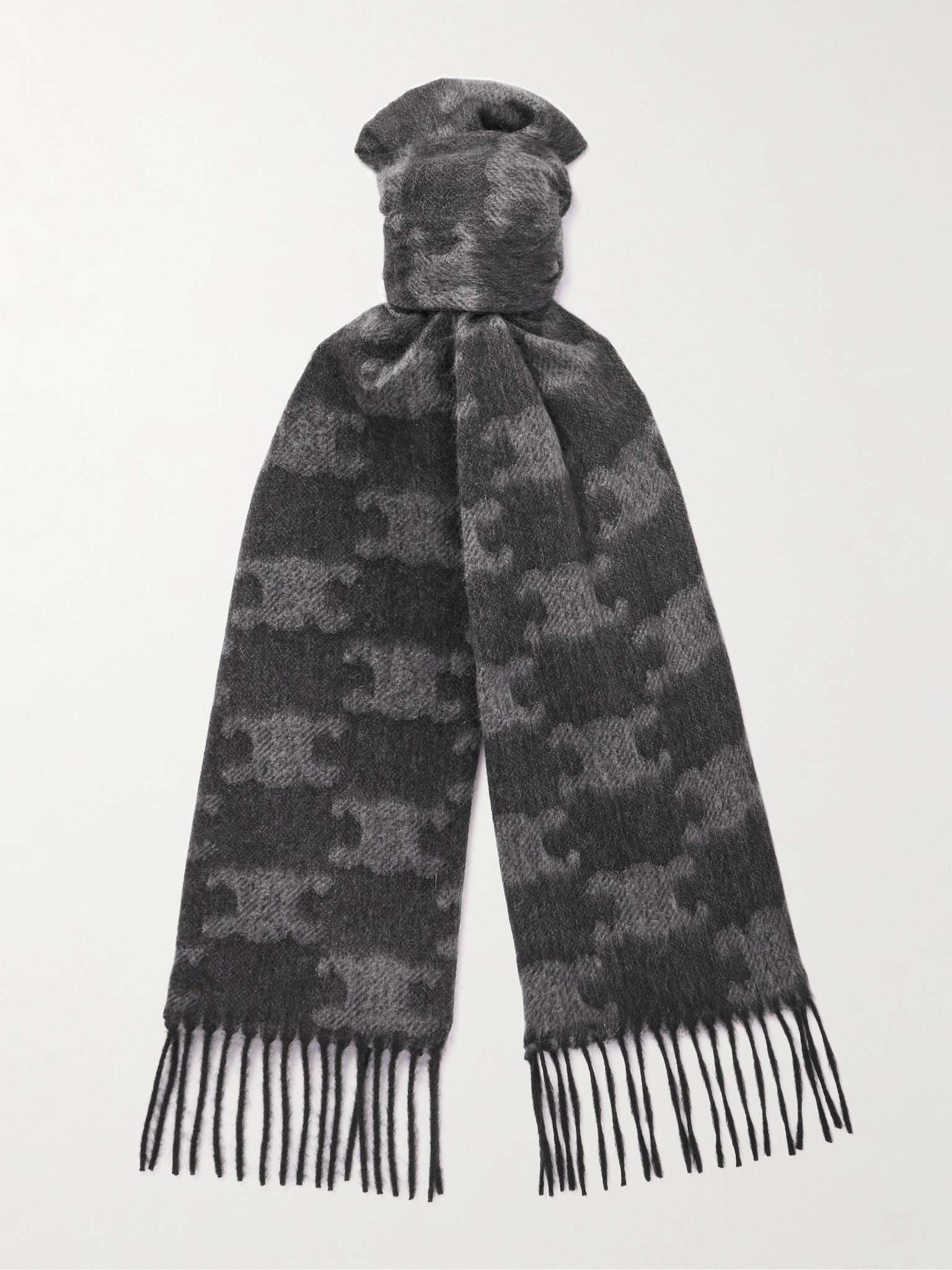 Triomphe Fringed Monogrammed Jacquard-Knit Cashmere Scarf - 1