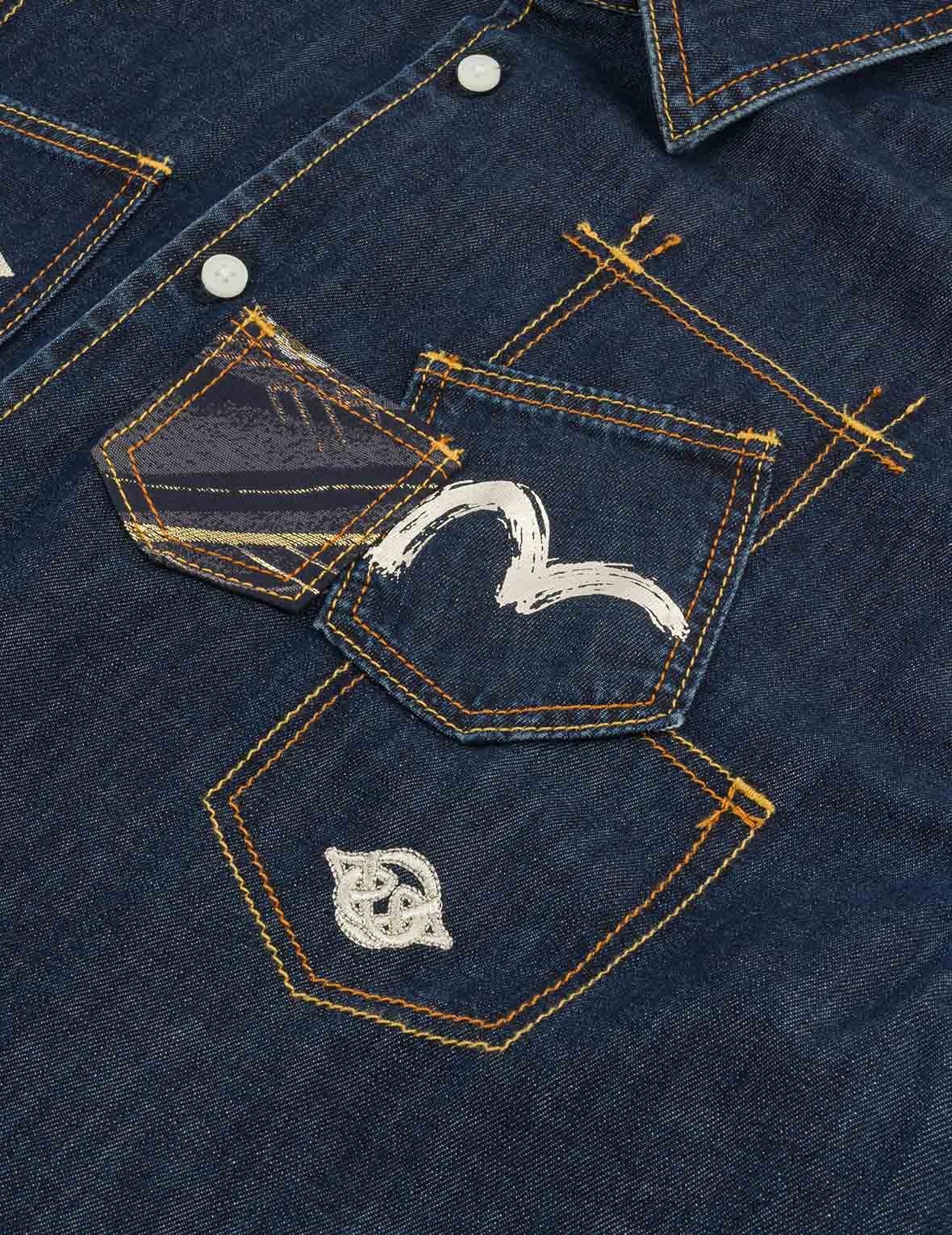 Multi-Pocket with Brocade Patch Relax Fit Denim Shirt - 8
