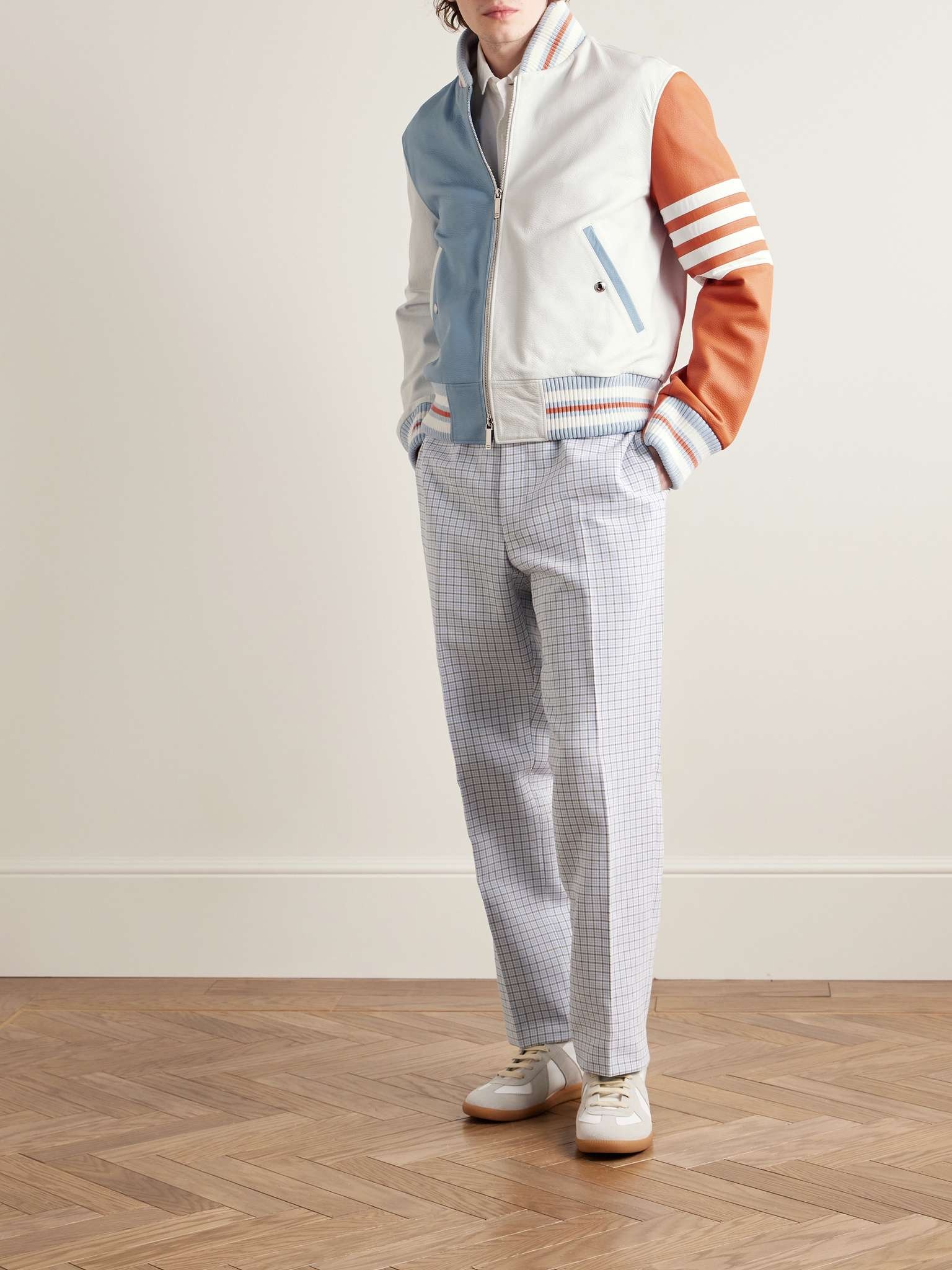 Thom Browne Colour-Block Striped Full-Grain Leather Blouson Jacket 
