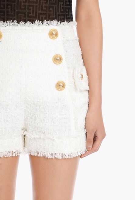 High waist double-buttoned tweed shorts - 6