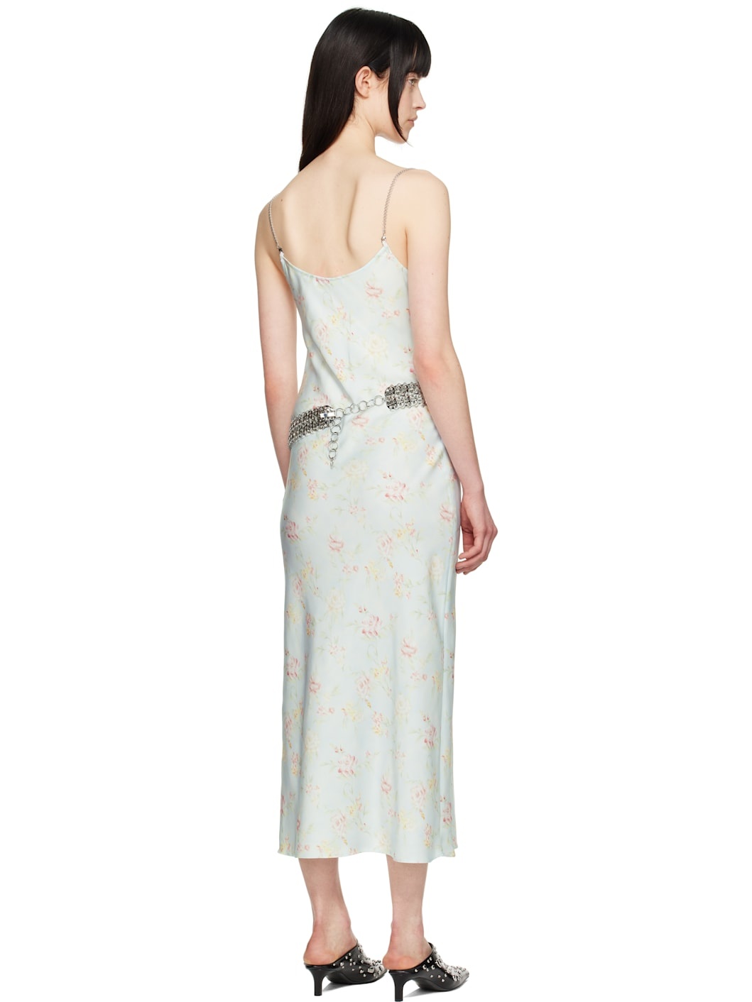 Blue Double Satin Printed Midi Dress - 3