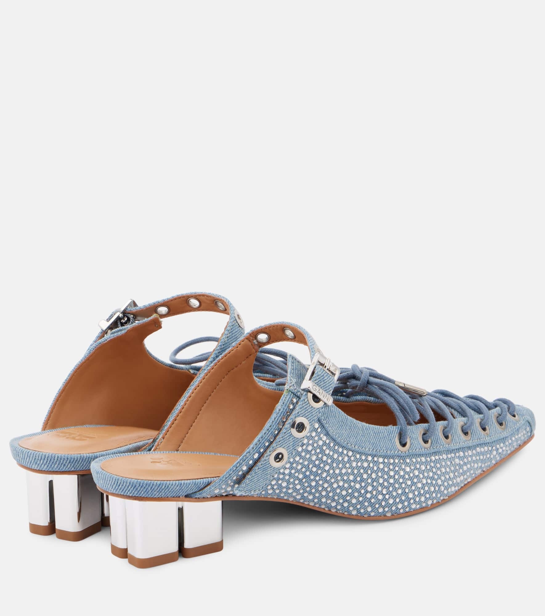 Embellished lace-up denim mules - 2