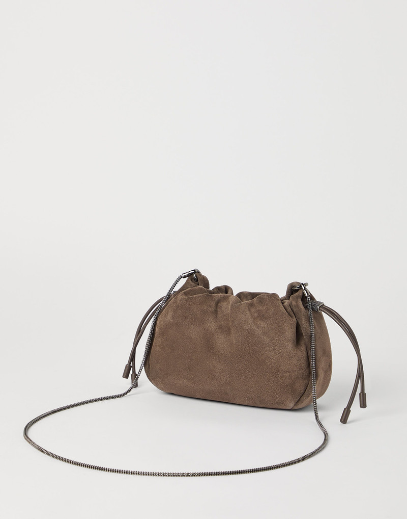 Brunello Cucinelli Mellow mini bucket bag in suede with precious chain outlook