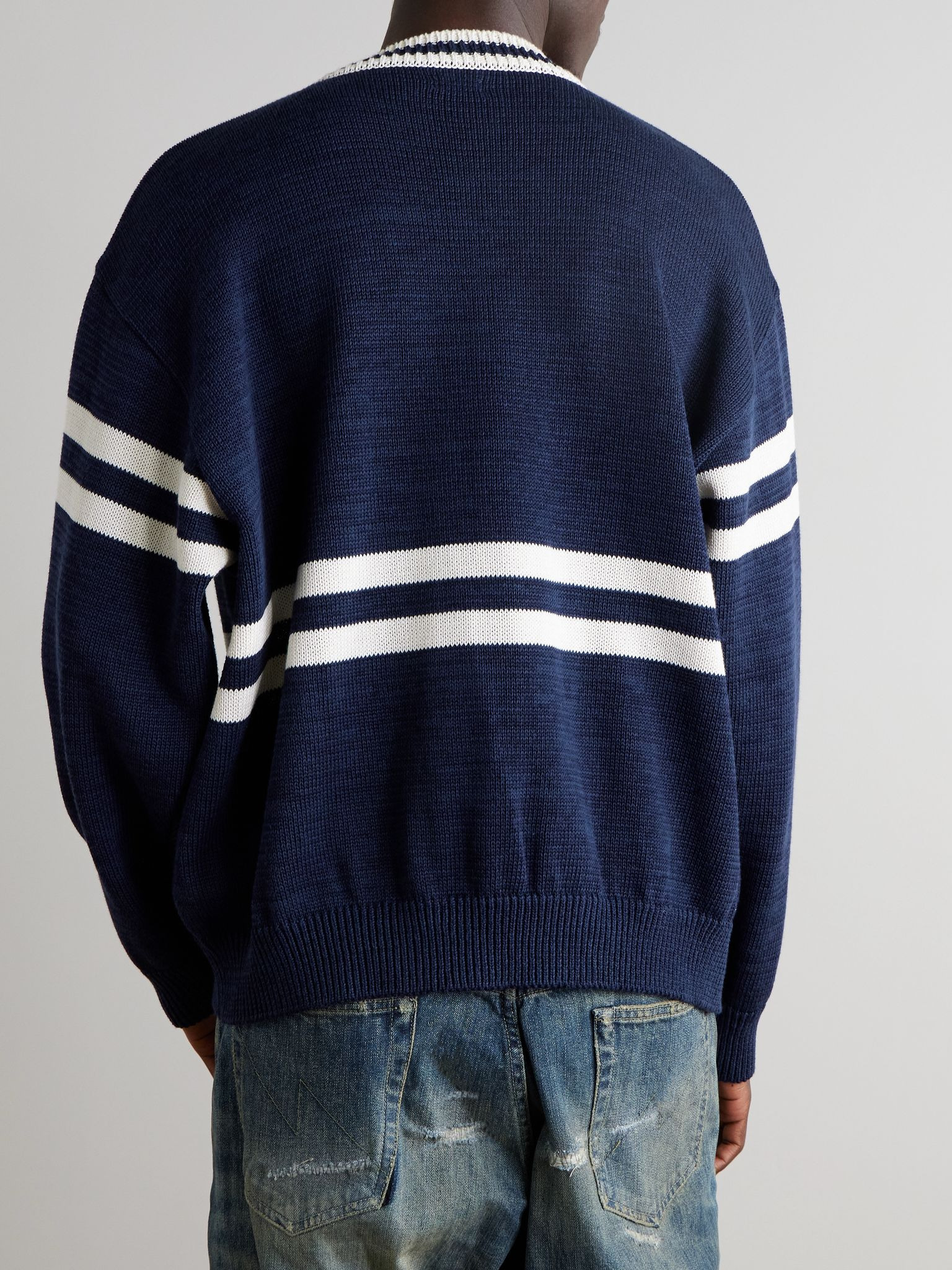 Peckish Rainbowy Ivy Appliquéd Striped Cotton Sweater Navy - 3