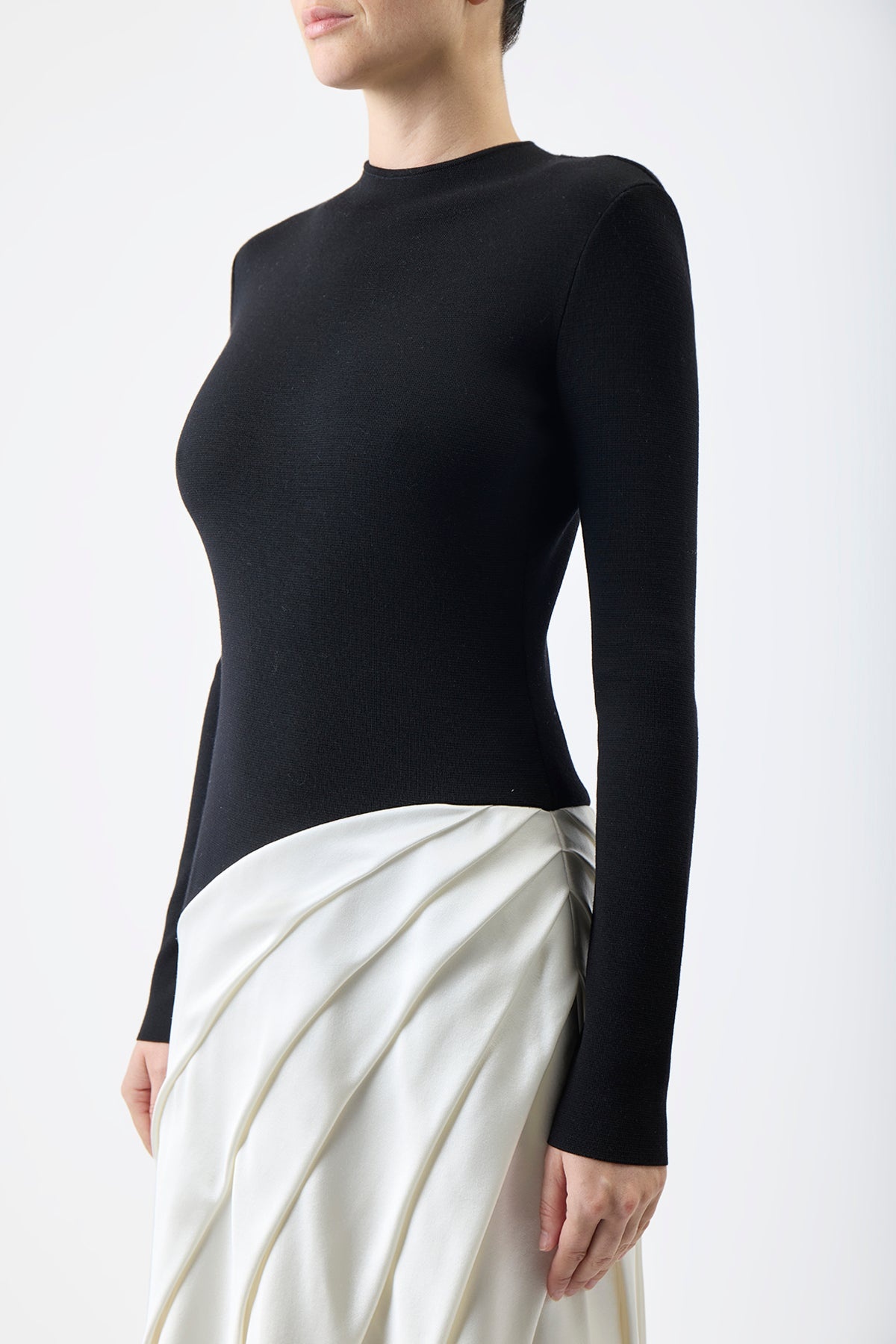 Ismay Pleated Dress in Black & Ivory Double Satin - 6
