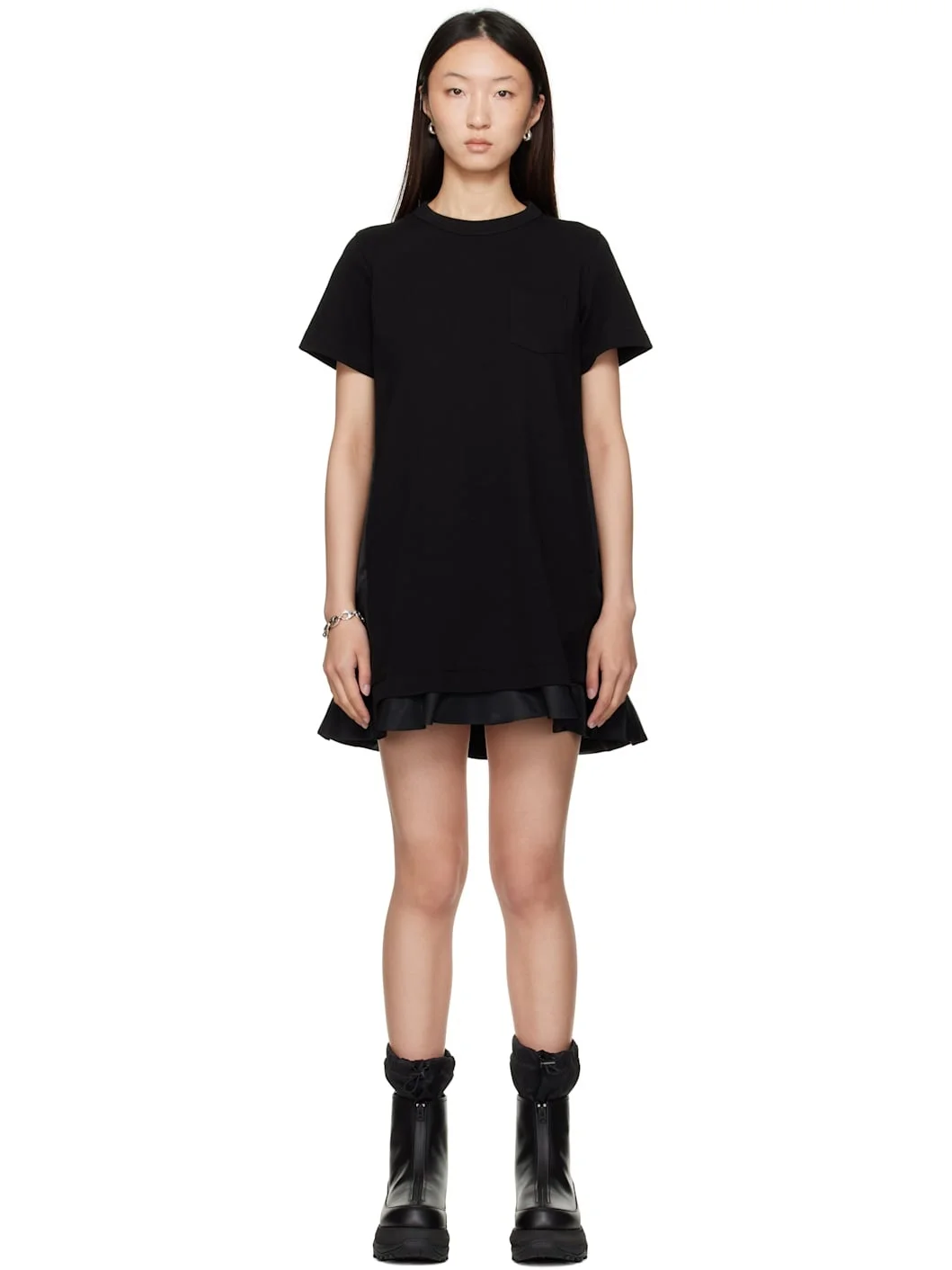 Black Nylon Twill & Cotton Jersey Minidress - 1