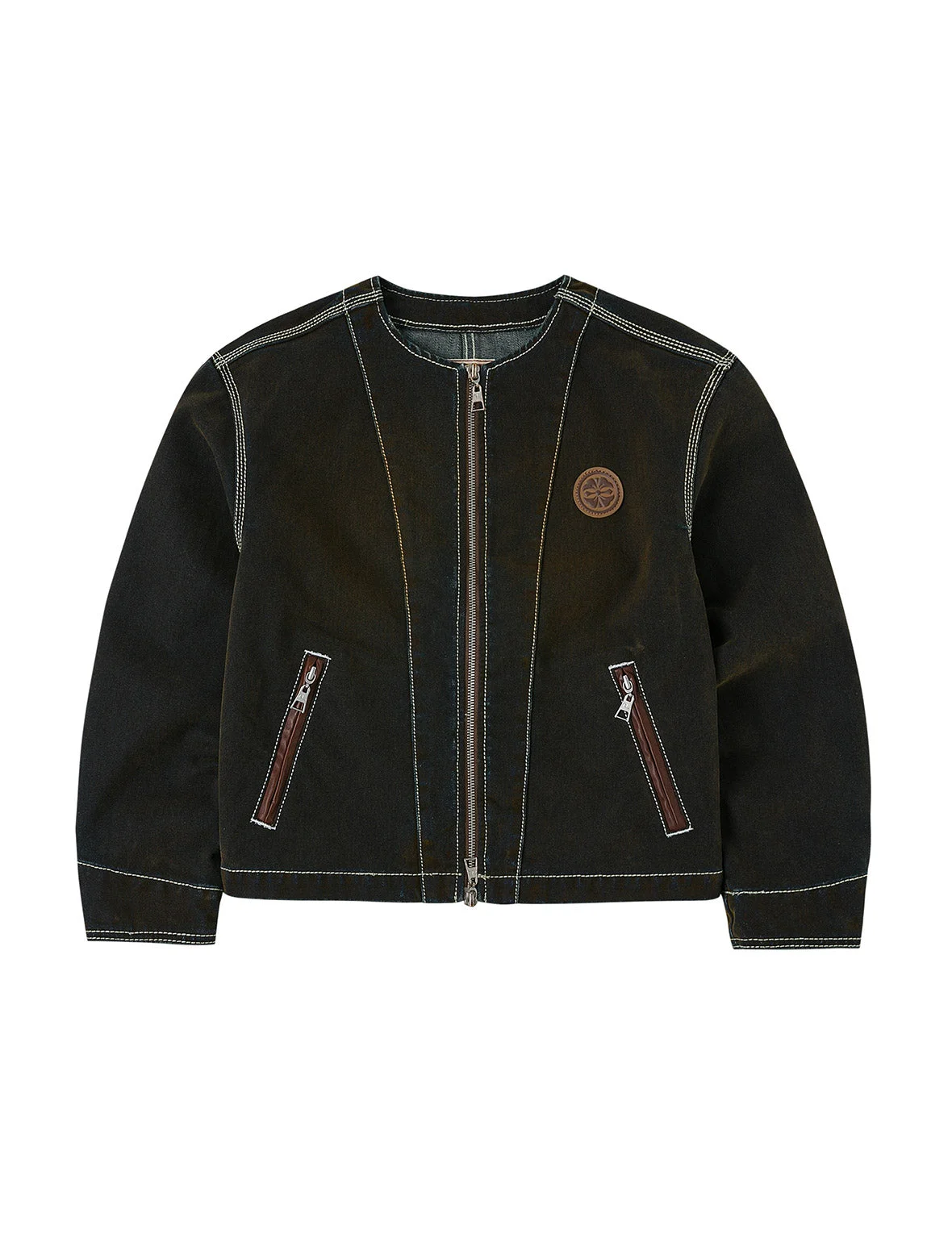 Contrast Stitch Design and Kamon Leather Label Regular Fit Denim Jacket - 1