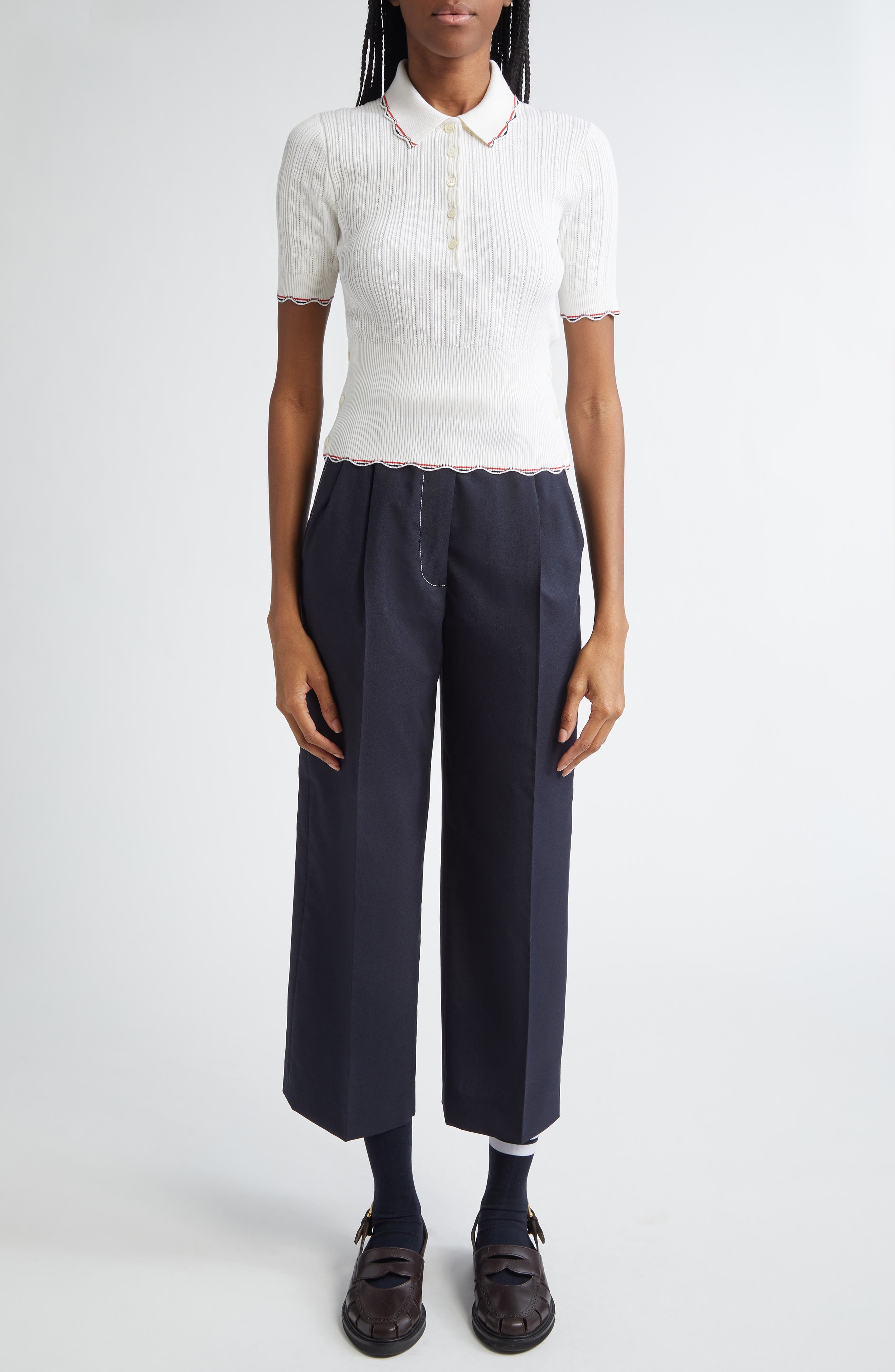 Thom Browne Tuck Scallop Trim Silk & Cotton Pointelle Stitch Polo in White at Nordstrom - 2
