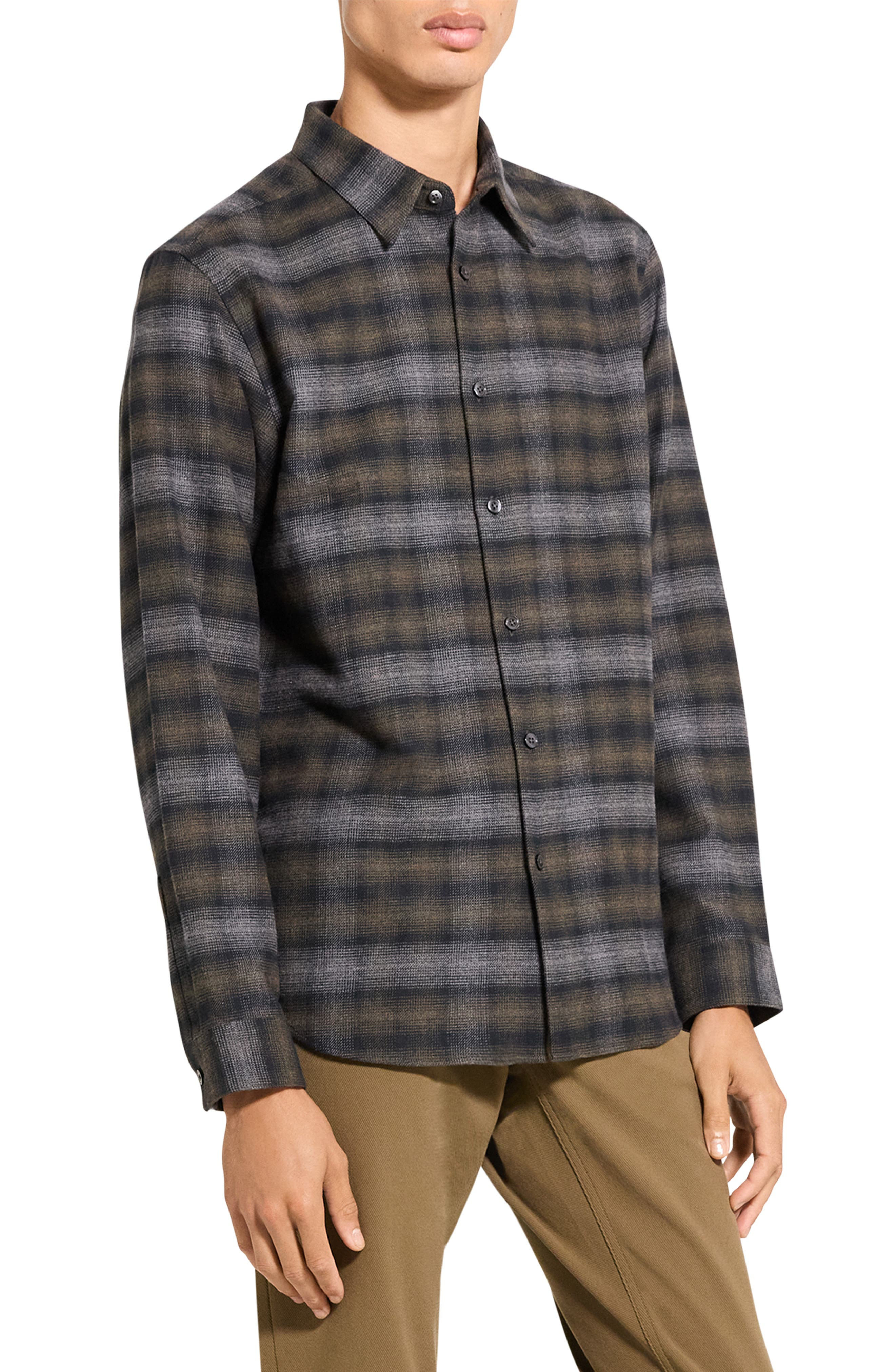 Theory Irving Plaid Cotton Flannel Button-Up Shirt in Duffle Melange-Qi9 at Nordstrom - 4