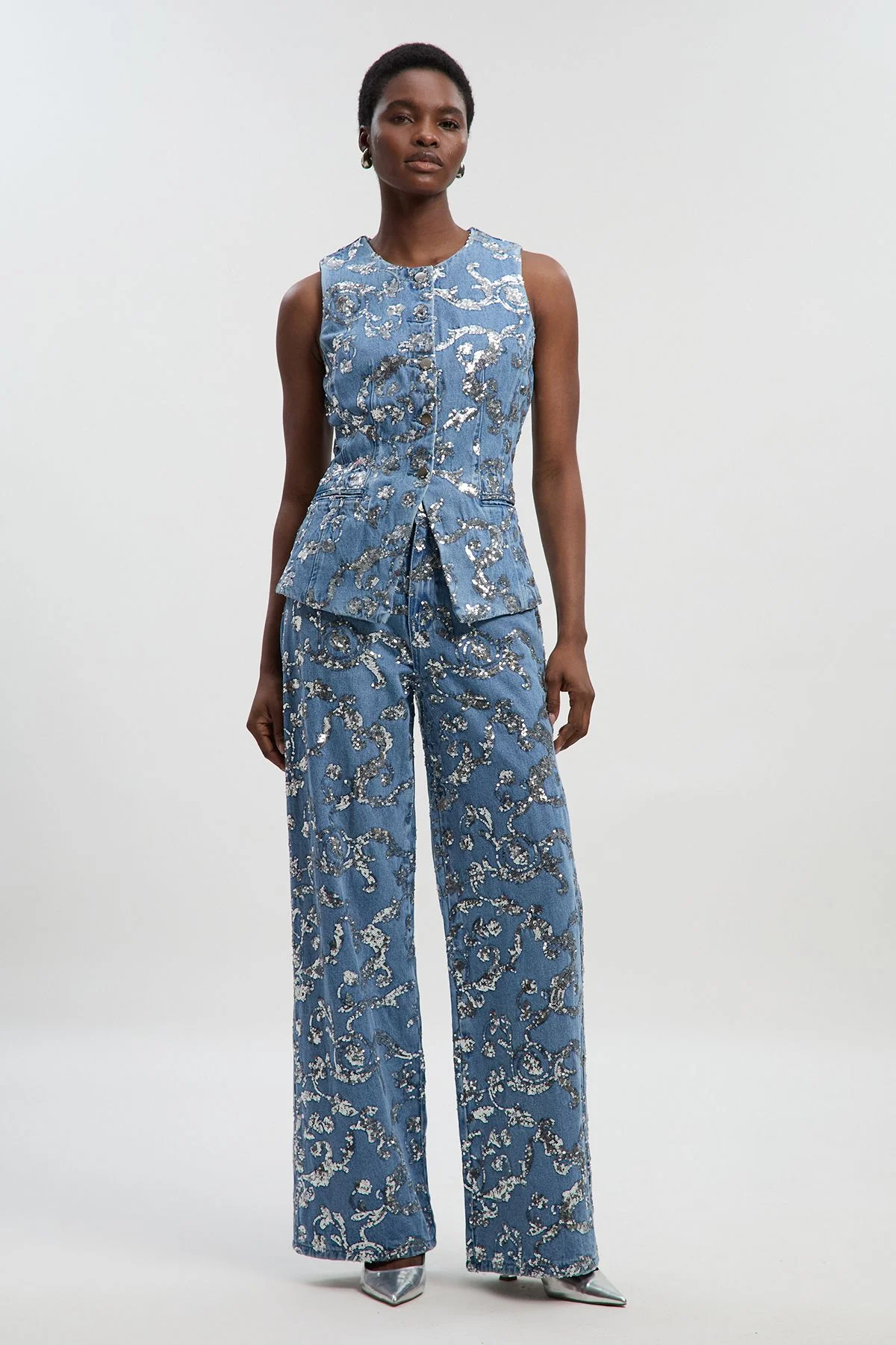 Sequin Denim Wide Leg Jeans - 1