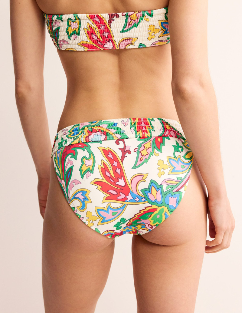 Milos Smocked Bikini Bottoms-Ivory, Paisley Azure 4
