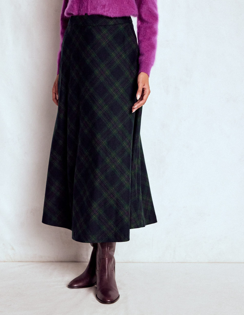 Hayley Wool Midi Skirt-Navy and Green Tonal Check 5