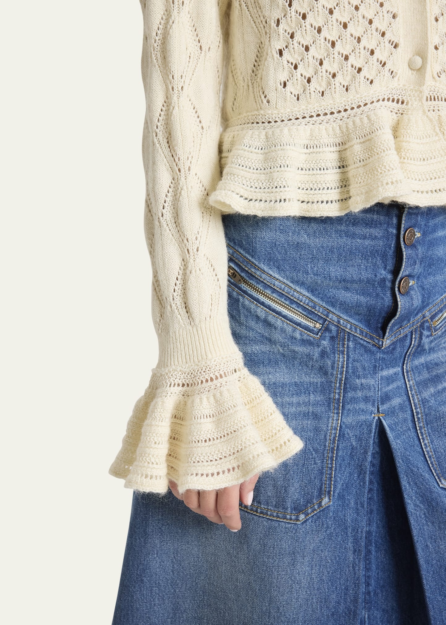 Open-Knit Ruffle Crewneck Cardigan - 5