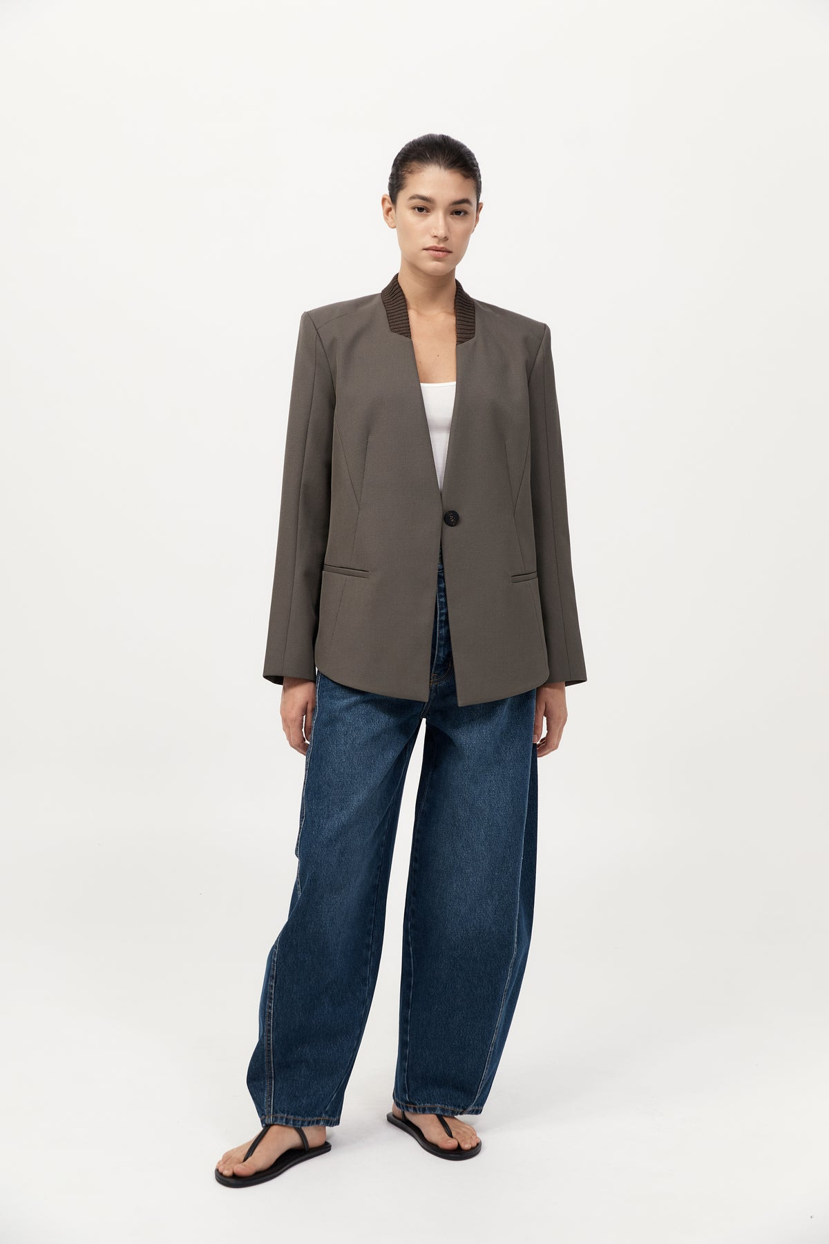 Rib Collar Blazer - Khaki - 3