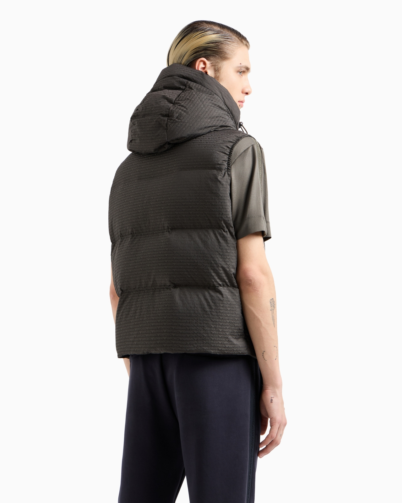 Zipped, hooded sleeveless down jacket in jacquard nylon with all-over logo lettering - 3