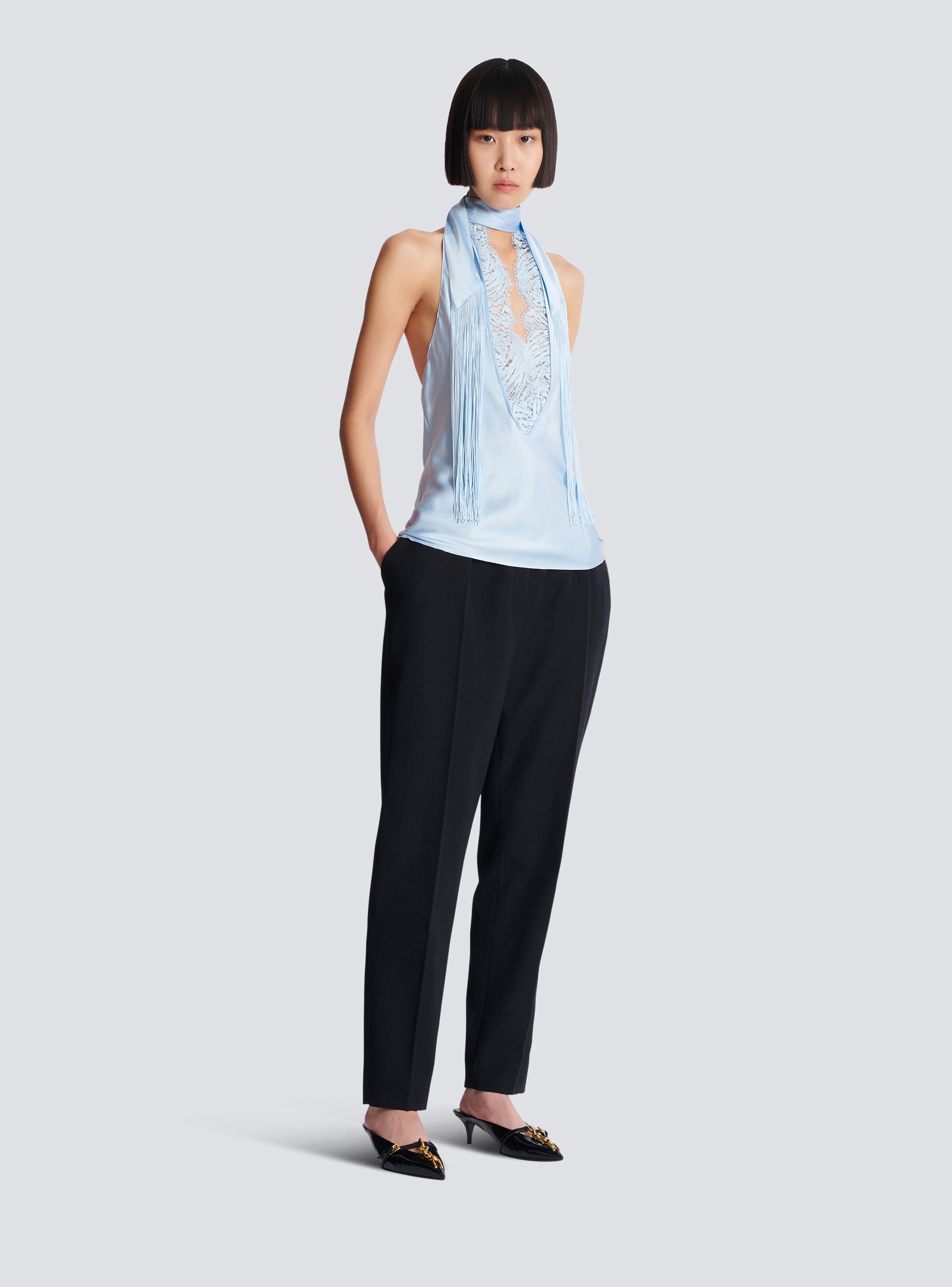 Backless fringed satin top - 3