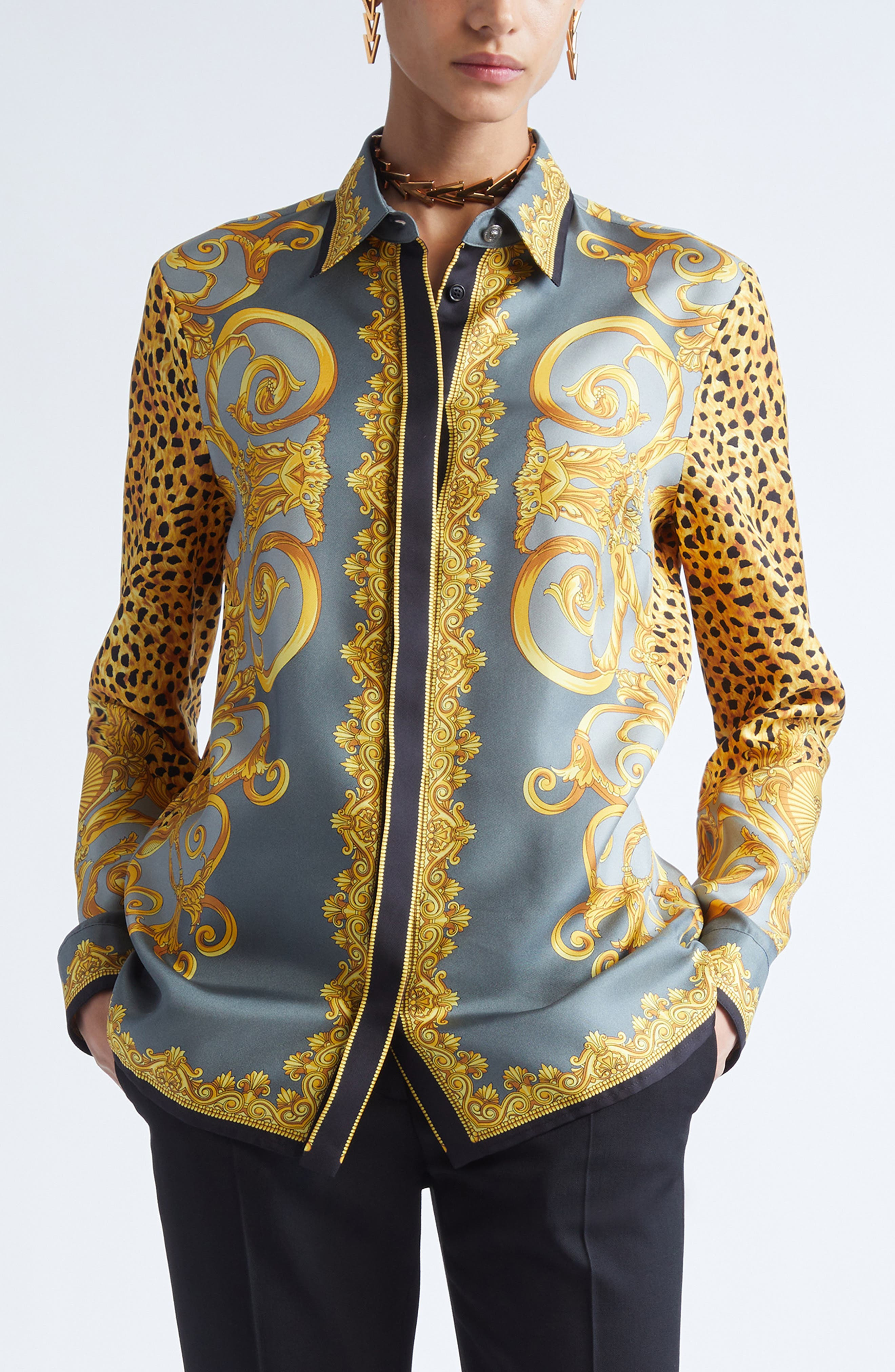 Versace Formal Cheetah Barocco Print Silk Button-Up Shirt in Light Grey Elephant Grey at Nordstrom - 1