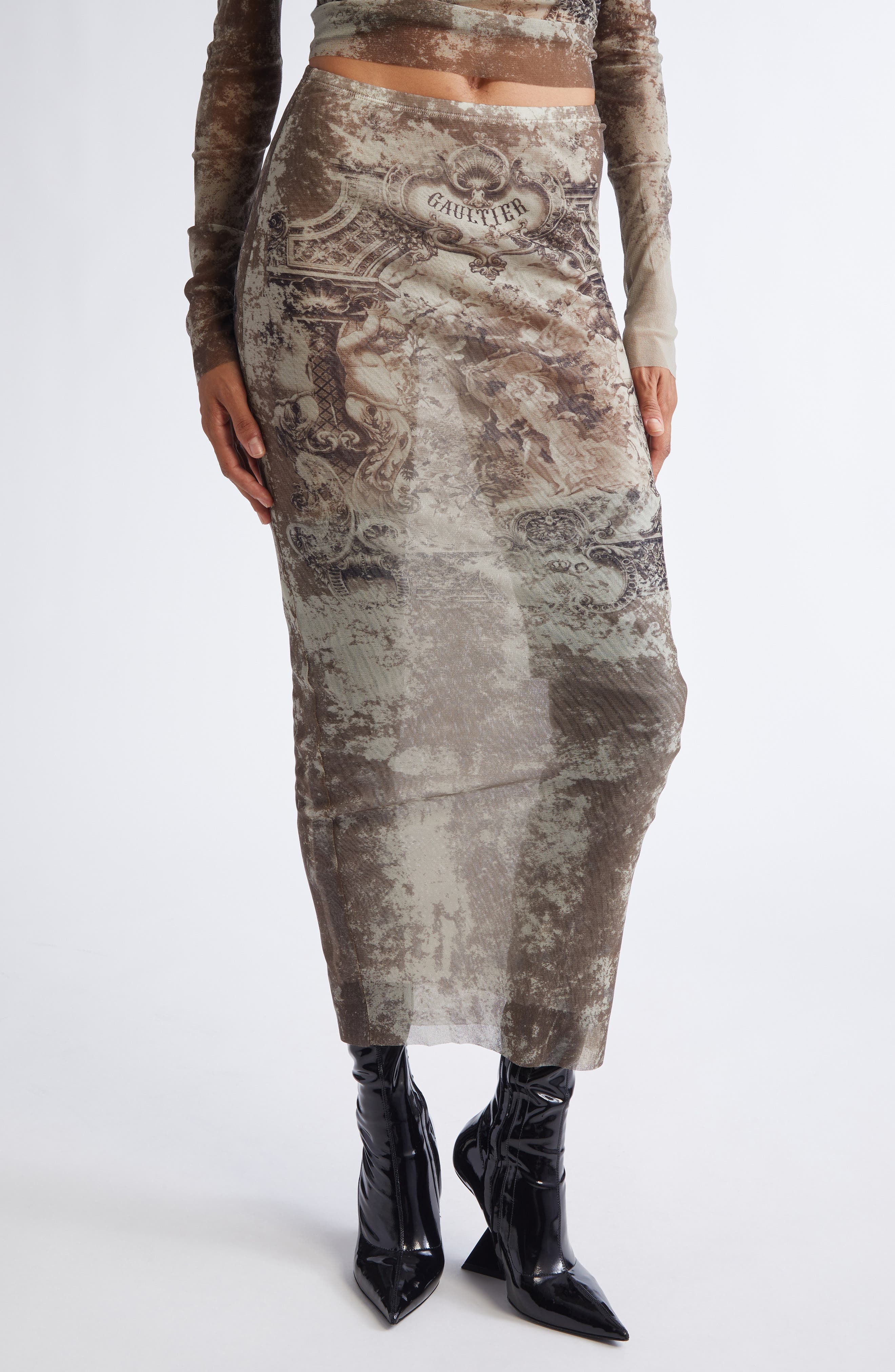 Jean Paul Gaultier Medallion Print Mesh Maxi Skirt in Light Beige/Taupe at Nordstrom - 1