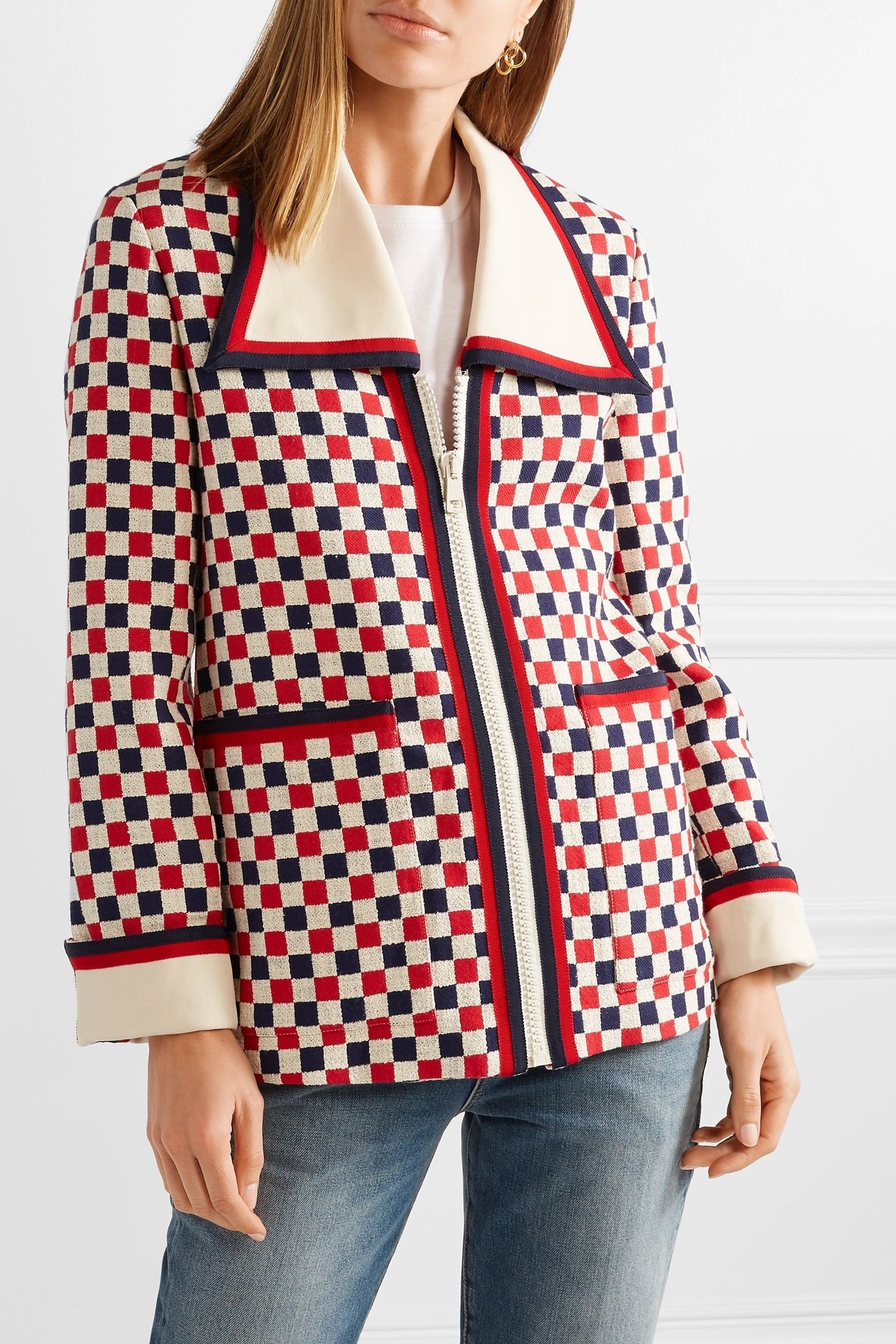 Checked grosgrain-trimmed wool-blend crepe jacket - 3