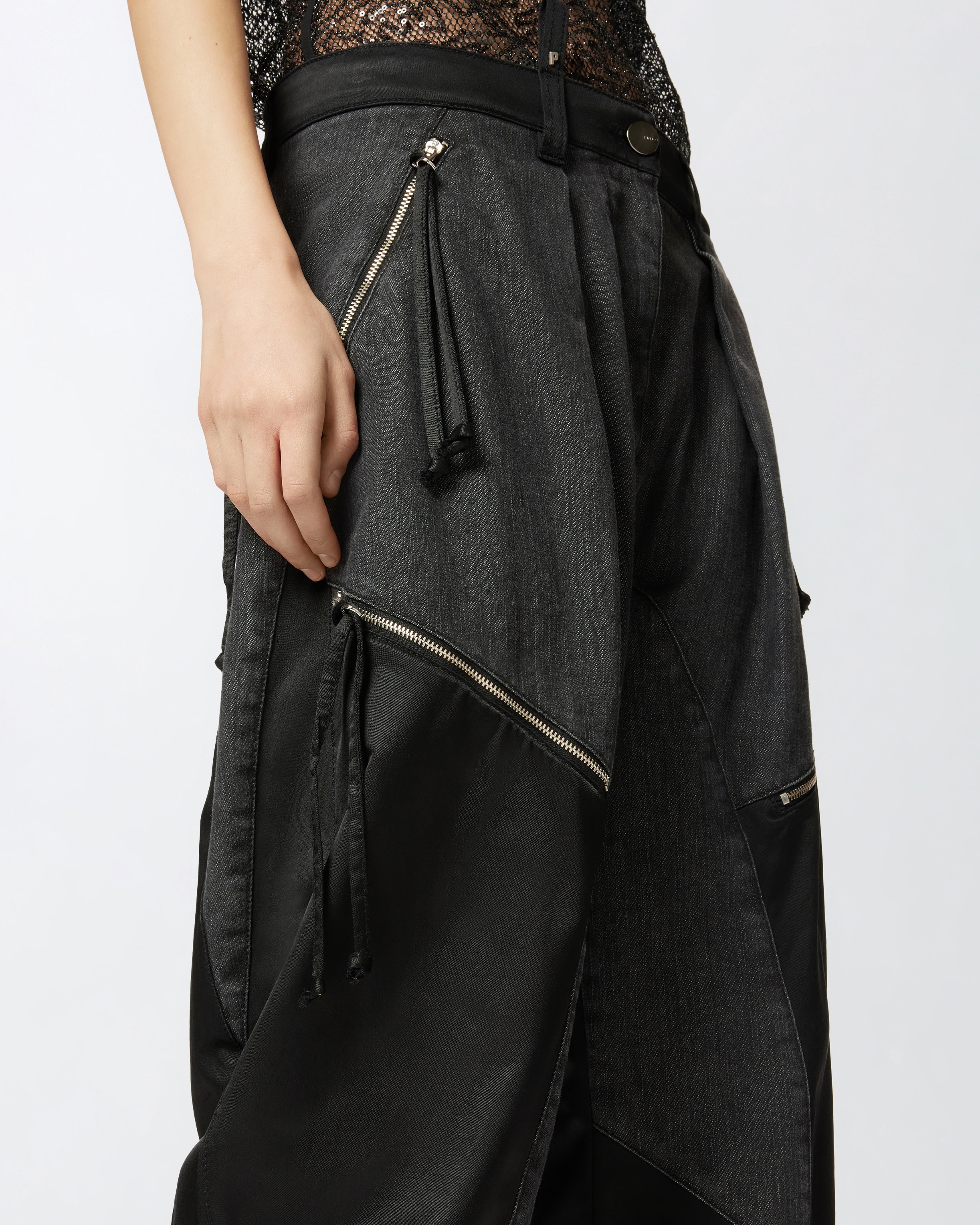 P-PANTS IN BLACK DENIM AND SATIN WITH ZIP - 4