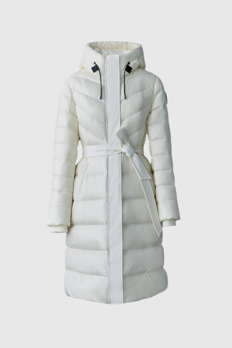 CORALIA down coat with hood and sash belt 1