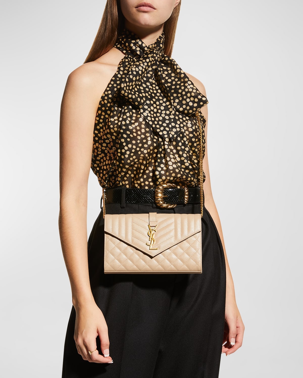 Envelope Triquilt YSL Wallet on Chain in Grained Leather - 3