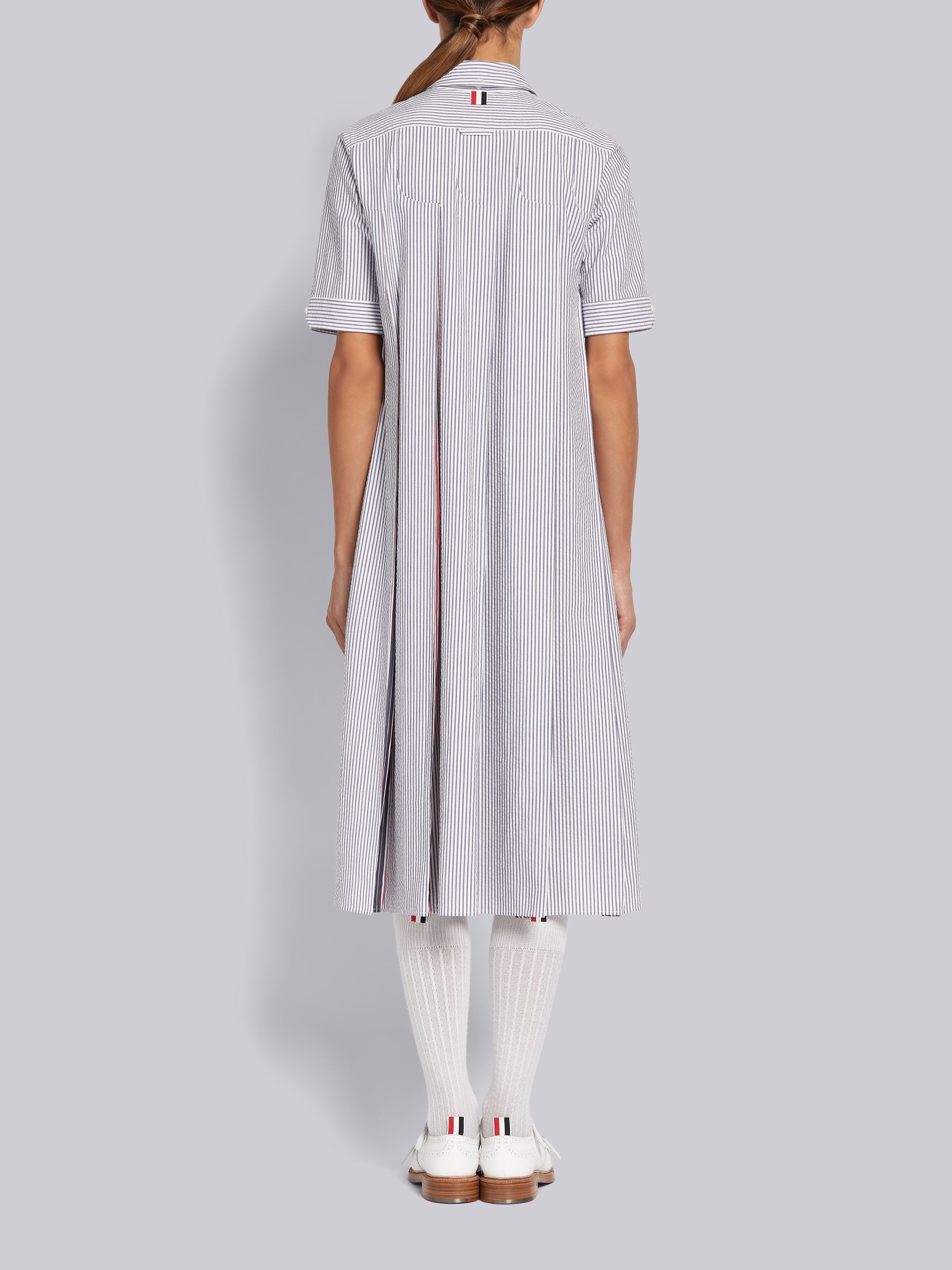 Navy Cotton Seersucker Combo Inverted Pleat Below Knee Short Sleeve Shirtdress - 3