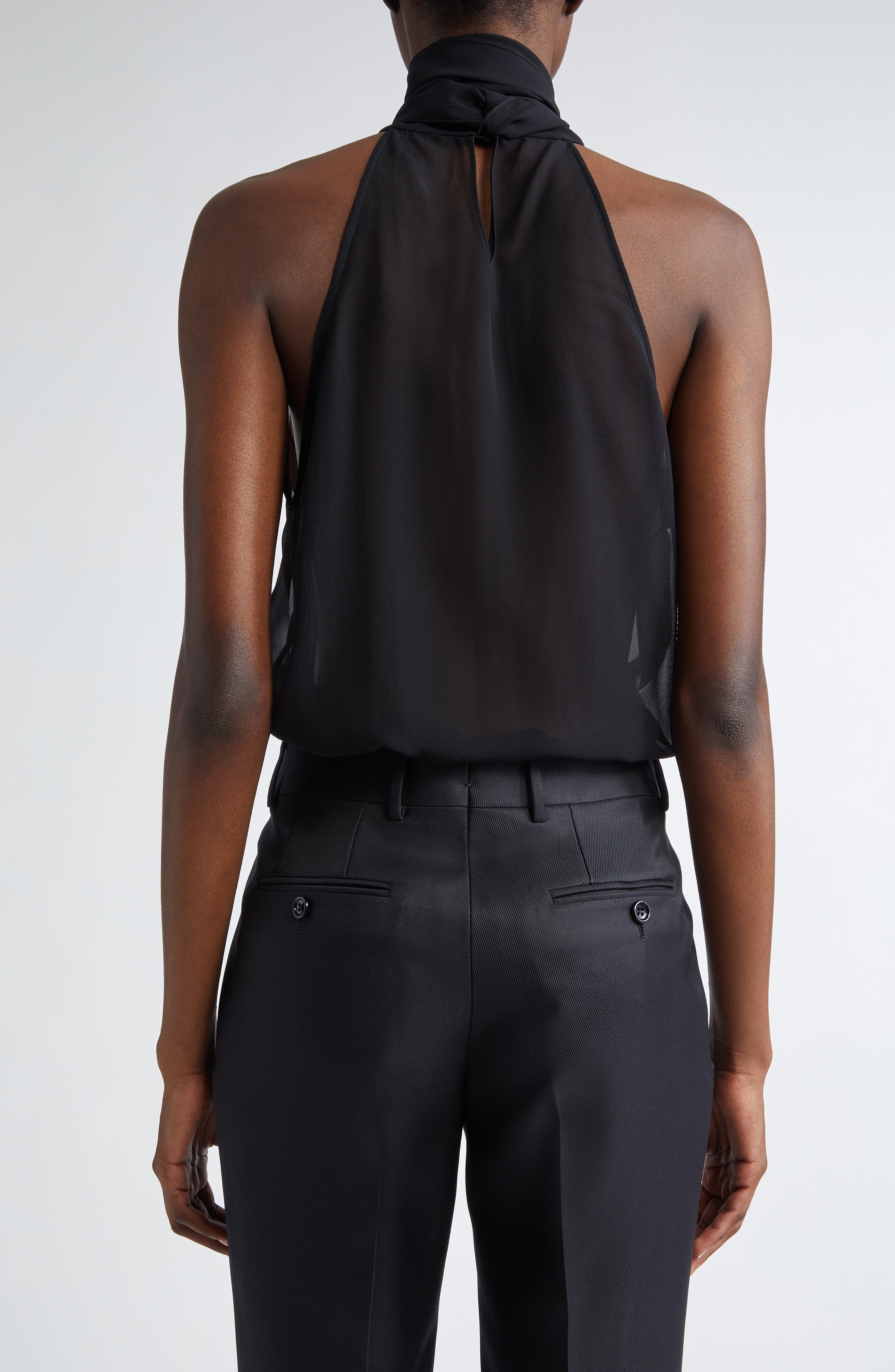 TOM FORD Silk Georgette Tie Neck Top in Black at Nordstrom - 3