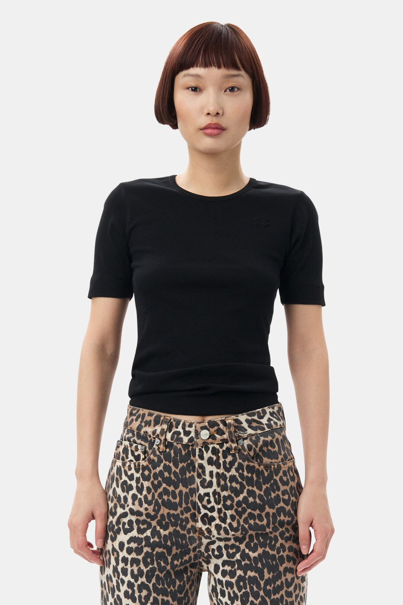 GANNI BLACK SOFT COTTON RIB SHORT SLEEVE T-SHIRT outlook