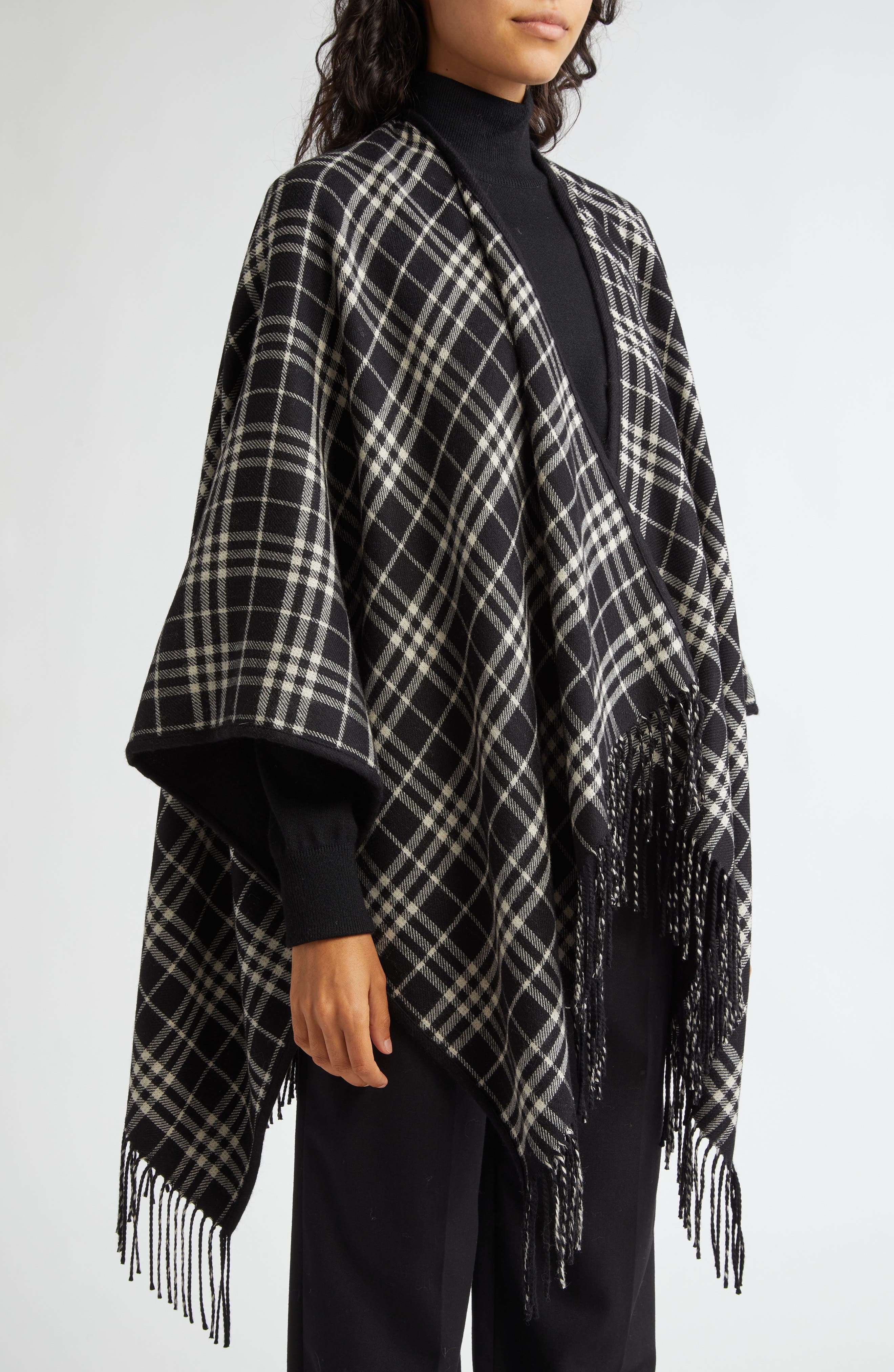 burberry Reversible Open Front Wool Cape in Black/Calico Ip Chk at Nordstrom - 2